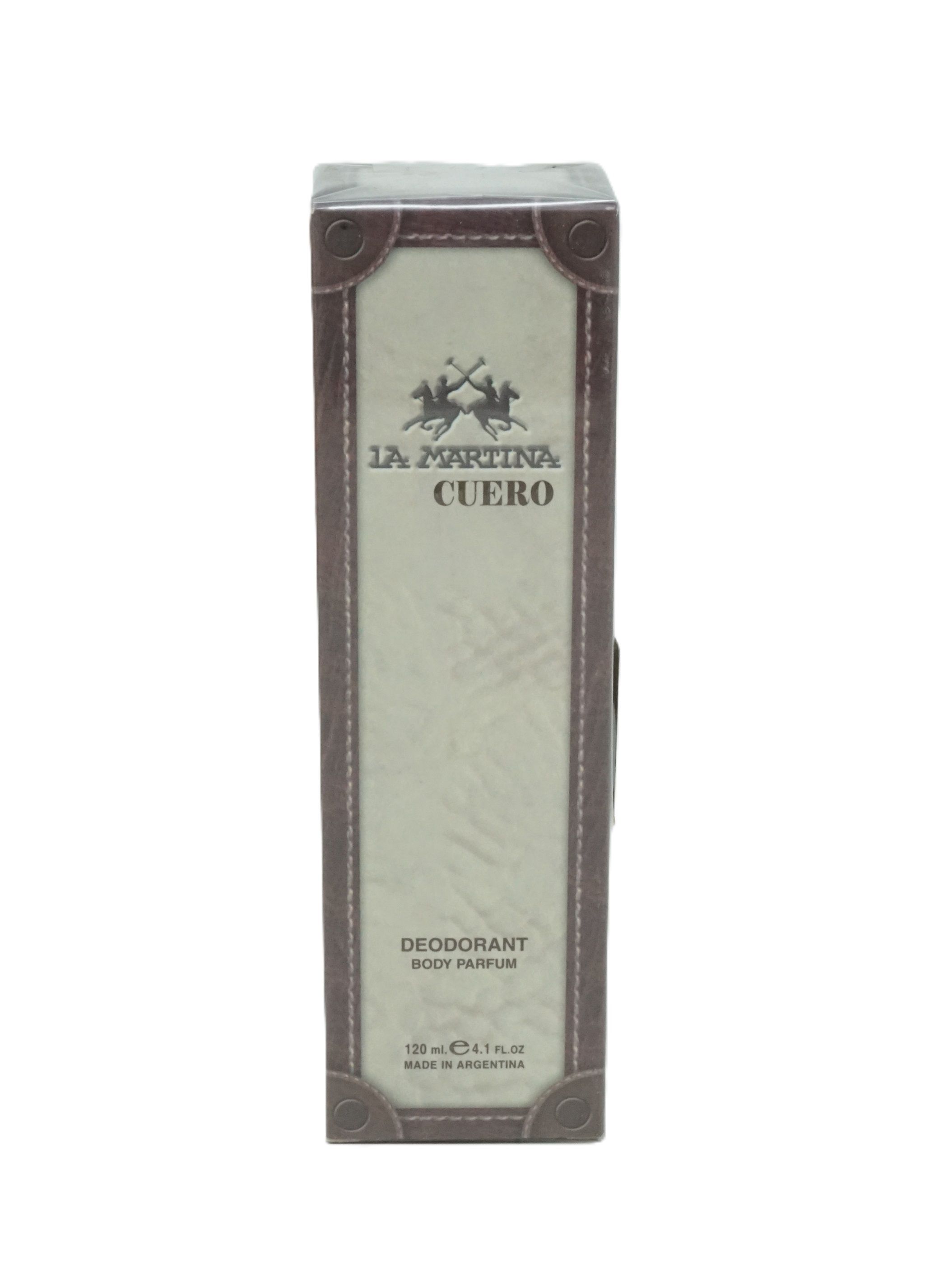 La Martina Cuero Deodorant Body Parfum. Rechteckige Verpackung mit Logo und Produktbezeichnung. Beige und braune Farbtöne.