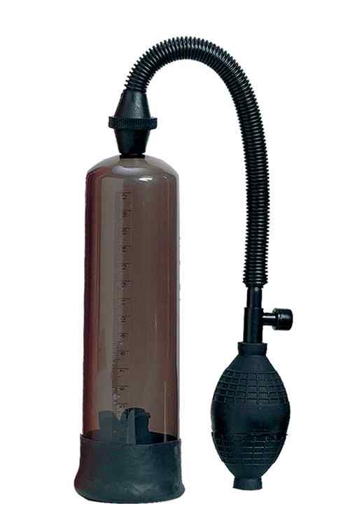 Transparenter Zylinder mit schwarzem Schlauch und Pumpe. Skala an der Seite. Schwarze Basis.