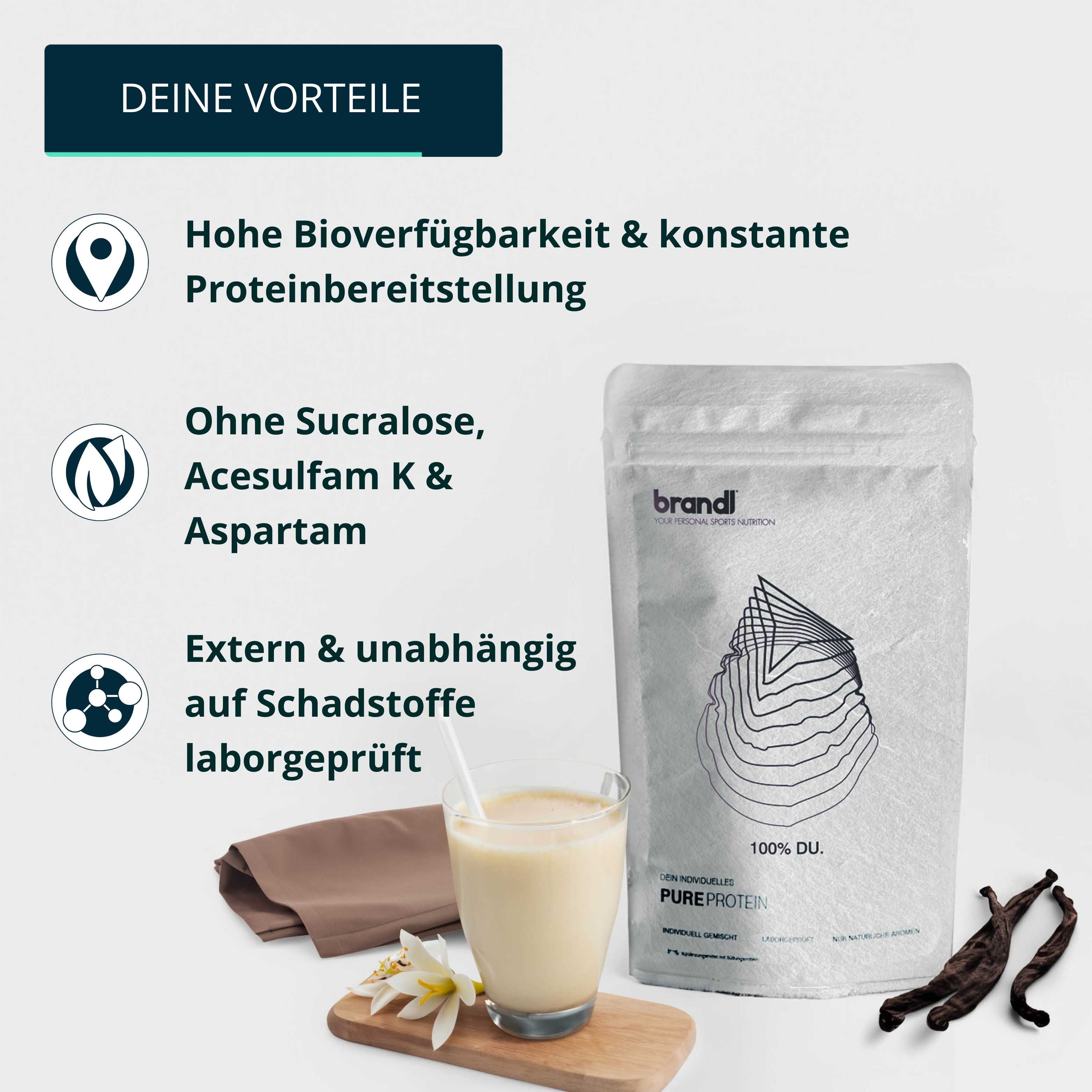 Beutel brandl® Pure Protein, Glas mit Shake, Vanilleschoten. Ohne Sucralose, Acesulfam K & Aspartam.