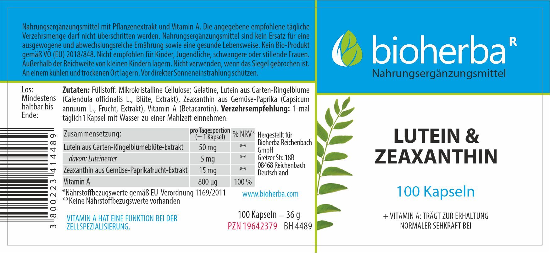 Lutein und Zeaxanthin 100 Kapseln PZN 19642379