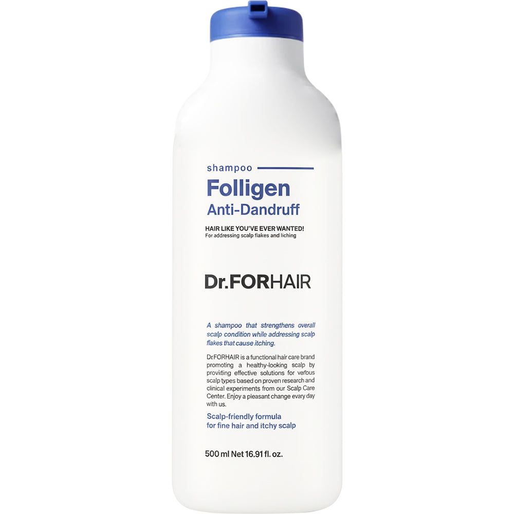 Vorderansicht einer weißen Flasche Dr. FORHAIR Folligen Anti-Schuppen-Shampoo mit blauem Deckel.