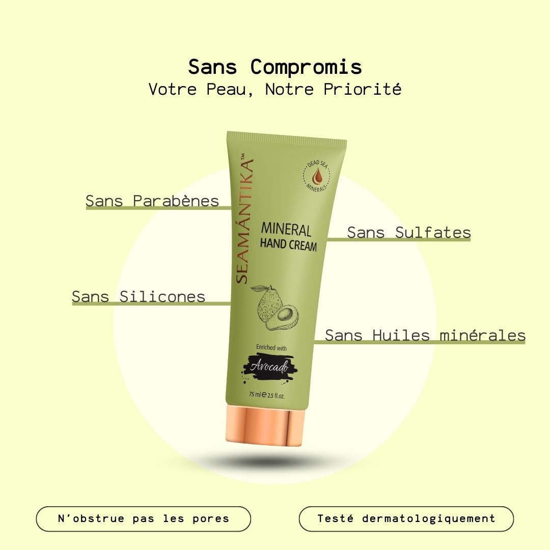 Tube de crème pour les mains verte. Texte: SEAMANTIKA, Mineral Hand Cream, Avocado. Sans: parabènes, silicones, sulfates, huiles minérales.