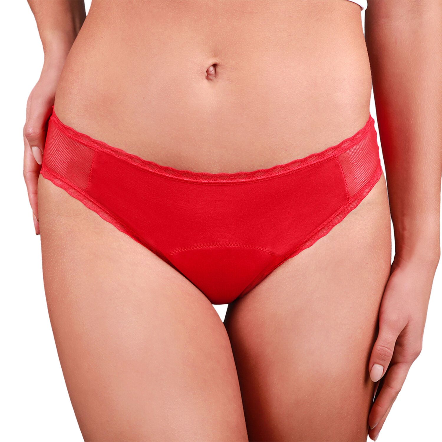Roter Periodenslip mit Spitze. Vorderansicht, teilweise getragen. Stoffstruktur erkennbar.