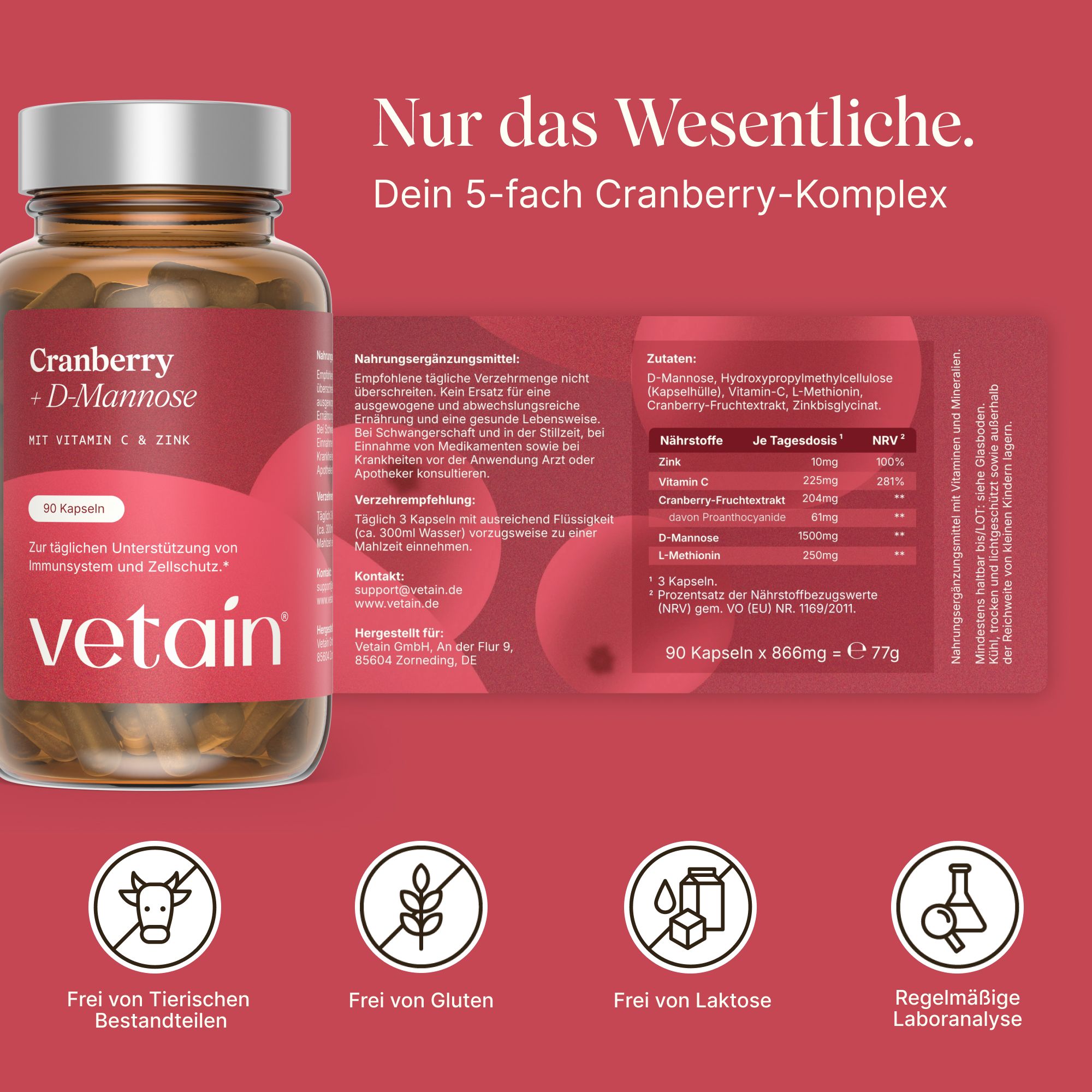 Vetain Cranberry D-Mannose Kapseln: Braunglasflasche mit 90 Kapseln, Etikett mit Produktinformationen und Icons.