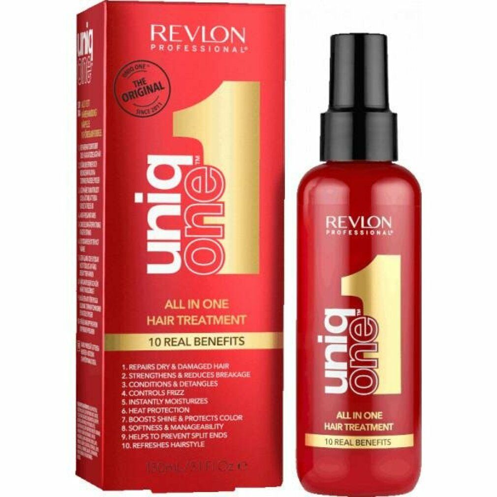 Rote Verpackung und Flasche. Aufschrift: Uniq One, All in One Hair Treatment, 10 Real Benefits. Marke: Revlon Professional. Mit Text.
