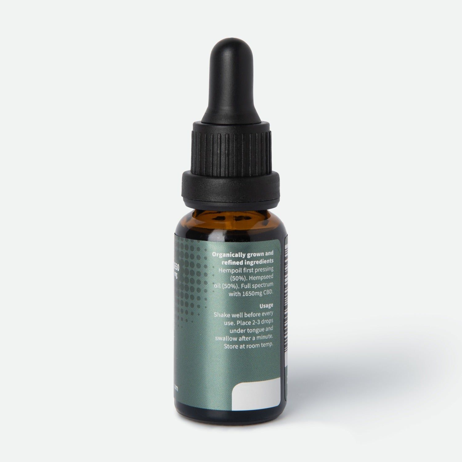 Rückseite einer CBD Öl Flasche mit Pipette. Etikett mit Produktinformationen und Anwendungshinweisen.