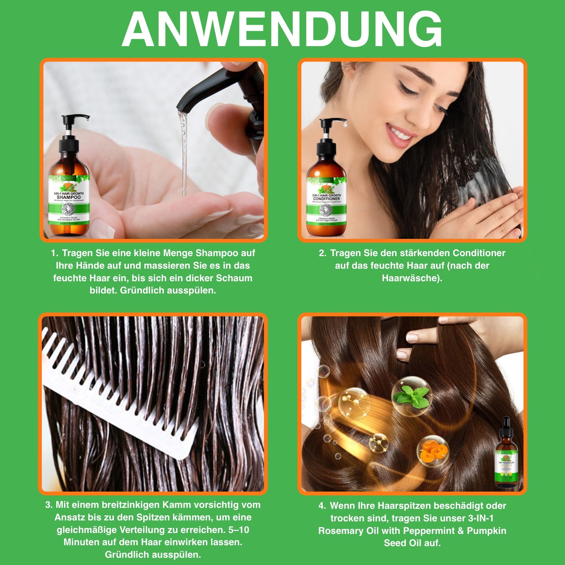 Anwendungsschritte für das ALIVER Haarpflege-Set. Shampoo, Conditioner und Haaröl. Illustrationen zeigen die Anwendung.