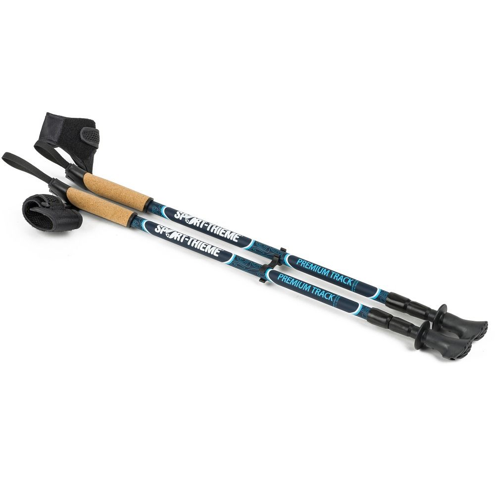 Zwei Nordic Walking Stöcke. Sport-Thieme, Premium Track. Blau-weißes Design. Korkgriff, Handschlaufe. Schwarze Spitze.