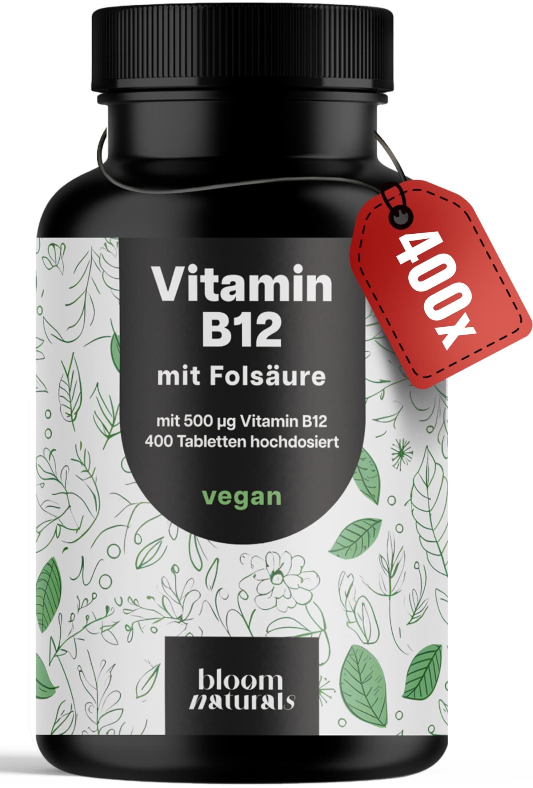 Schwarze Dose mit Vitamin B12 und Folsäure, 400 Tabletten, vegan. Roter Anhänger mit "400x".