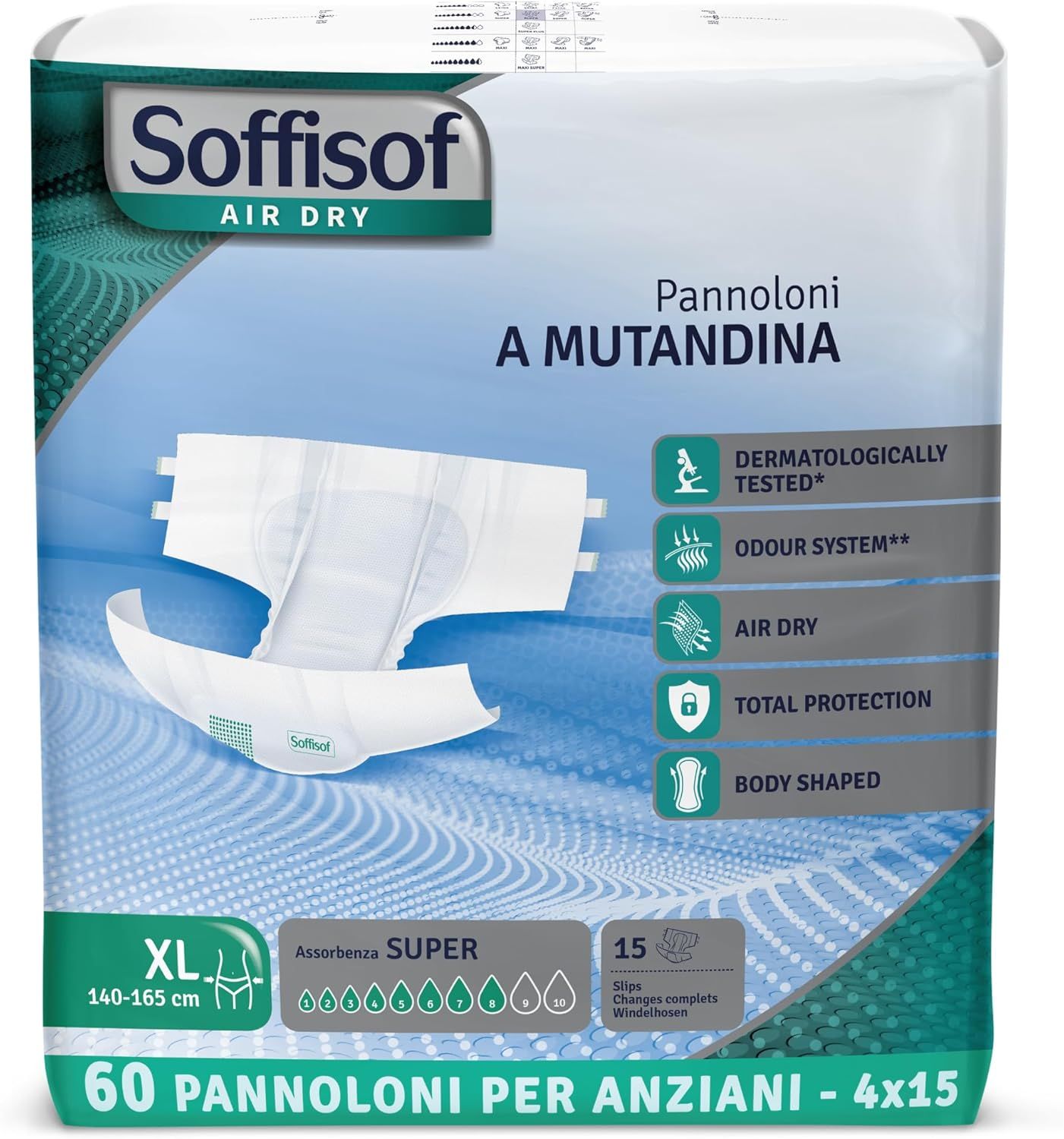 Soffisof Air Dry Windeln für Erwachsene Super, XL, 60 Stück. Dermatologisch getestet, Geruchssystem, atmungsaktiv.