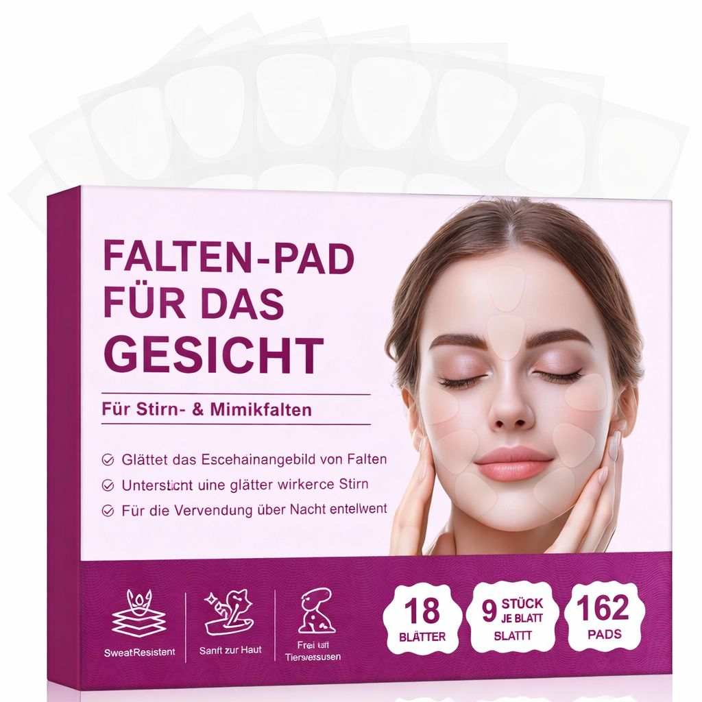 Verpackung mit Falten-Pads für das Gesicht. Text: Falten-Pad für das Gesicht. 18 Blätter, 9 Stück pro Blatt, 162 Pads.
