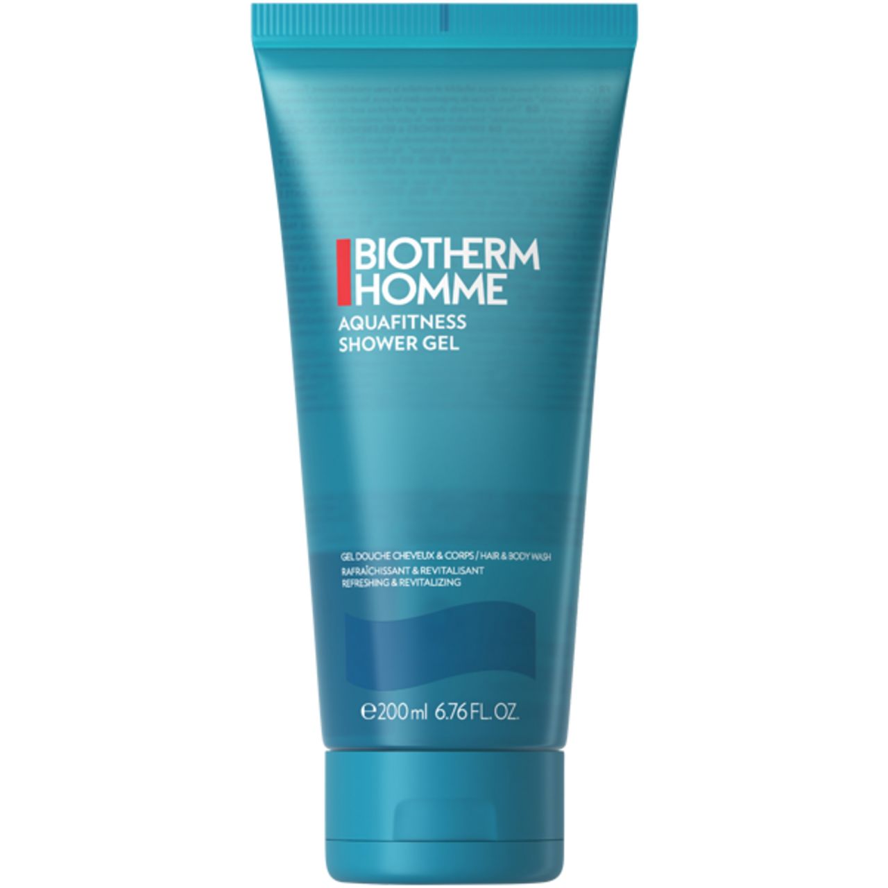 Blau-türkisfarbene Tube. BIOTHERM HOMME Aquafitness Duschgel. Text in Weiß und Rot. Gel für Körper und Haar. 6.76 FL. OZ.