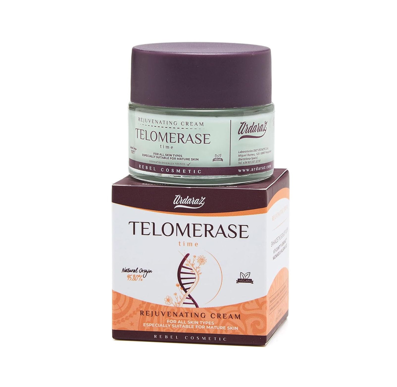 Creme Ardaraz Gesichtscreme Telomerase in Glas mit Deckel auf Karton. Aufschrift: Telomerase Time, Rejuvenating Cream.