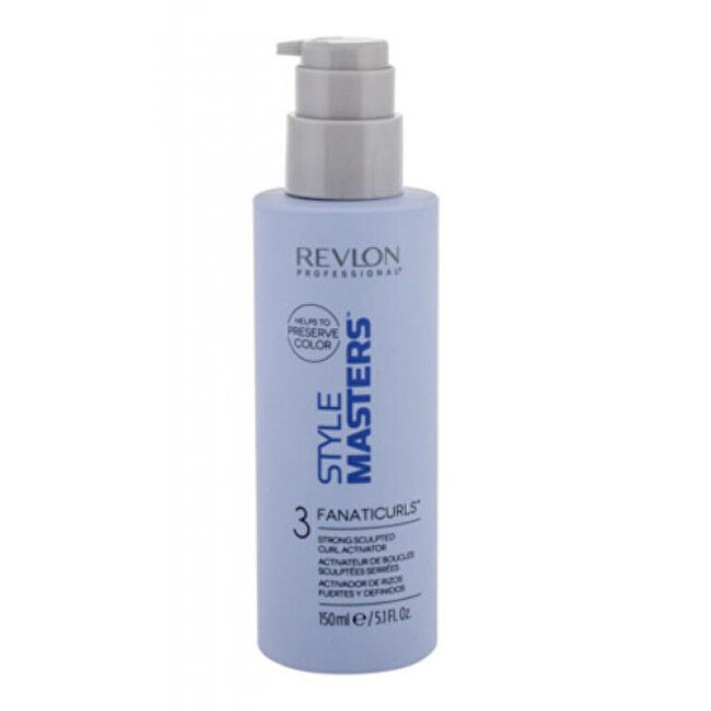 Hellblaues Produkt mit Pumpe. Aufschrift: Revlon Style Masters Fanaticurls. 150ml. Bewahrt die Farbe.