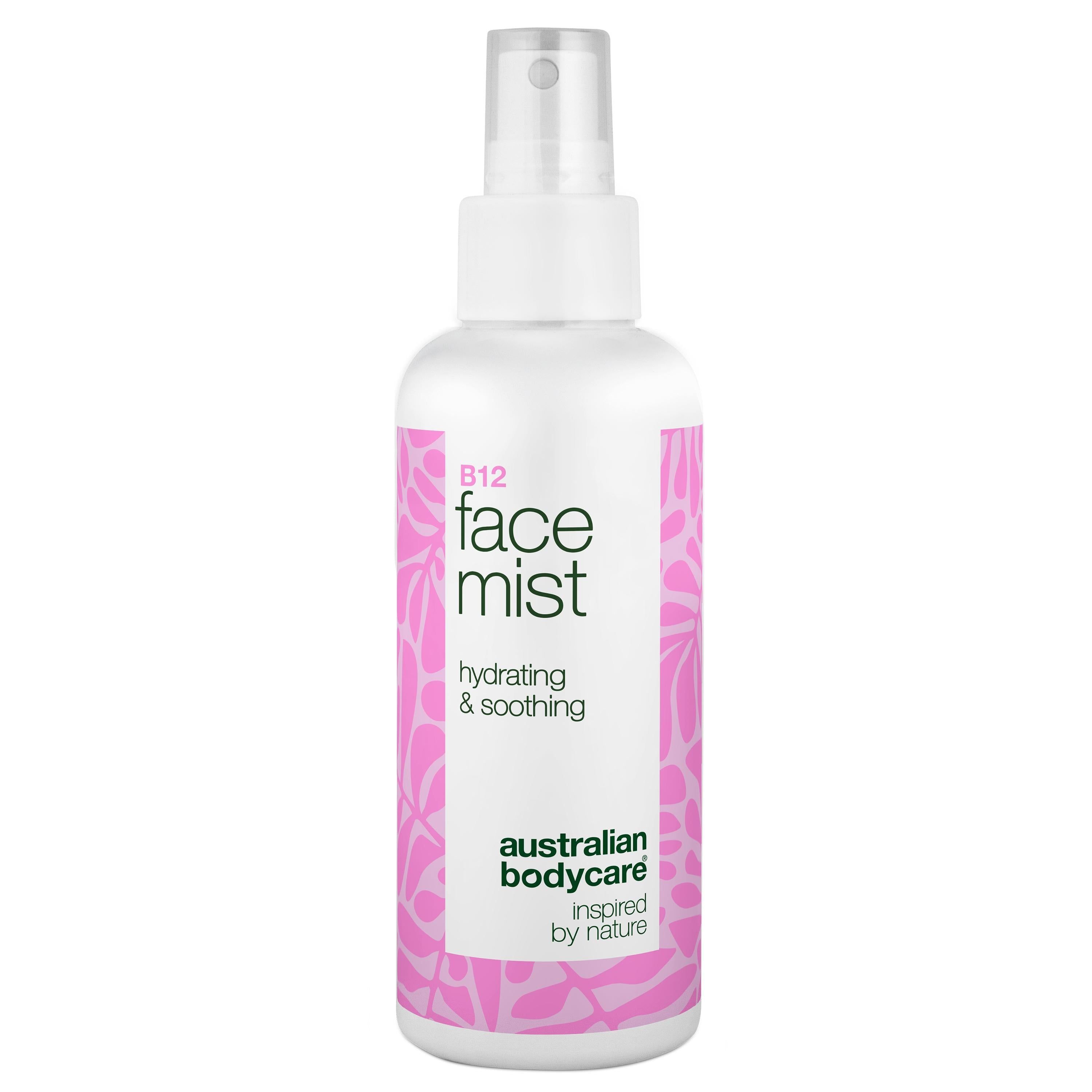 Weiße Sprühflasche mit rosa Etikett. Aufschrift: B12 face mist, hydrating & soothing. Marke: Australian Bodycare.