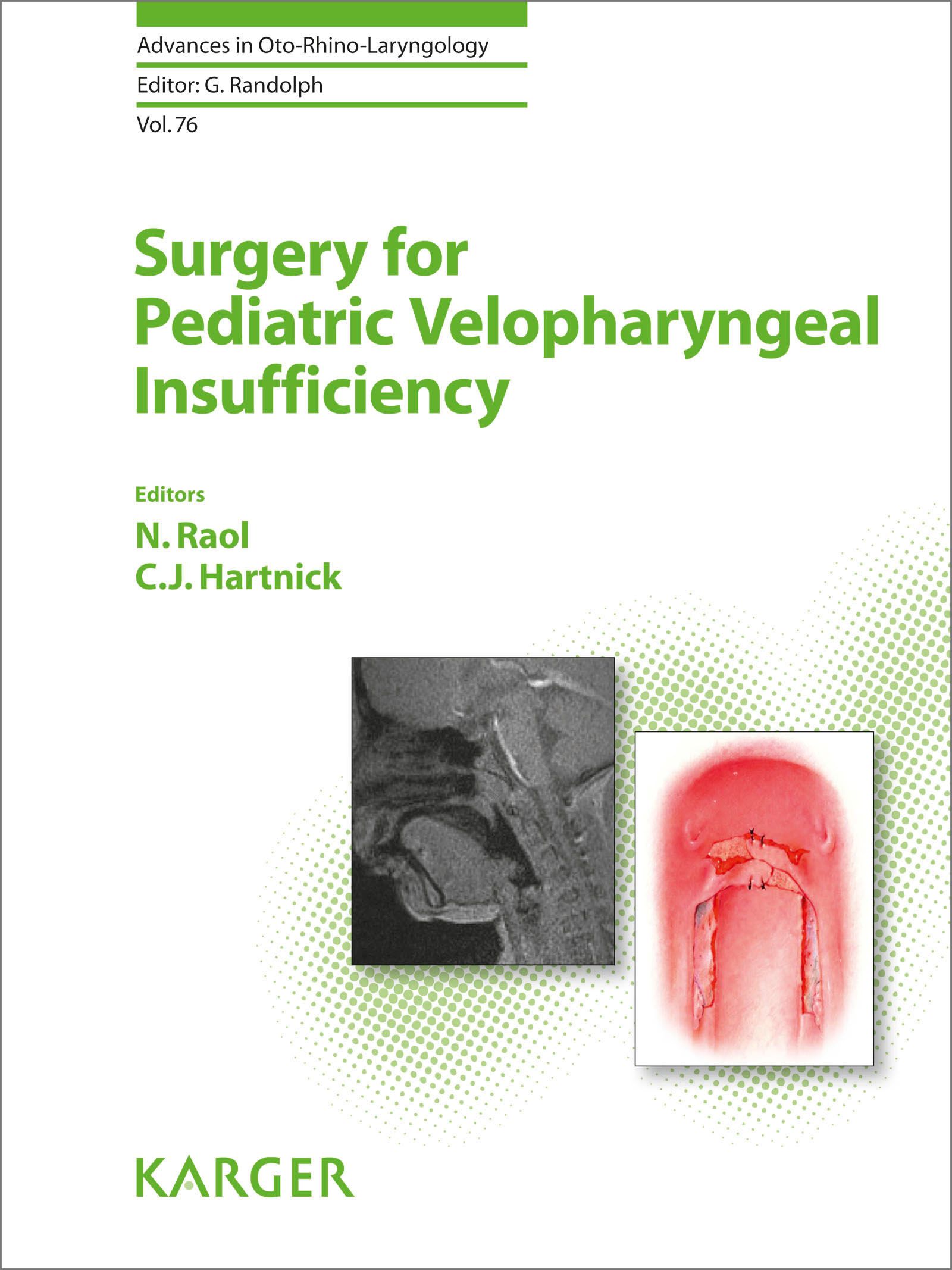 Buchcover: "Surgery for Pediatric Velopharyngeal Insufficiency". Herausgeber: N. Raol, C.J. Hartnick. Verlag Karger. Mit medizinischen Abbildungen.