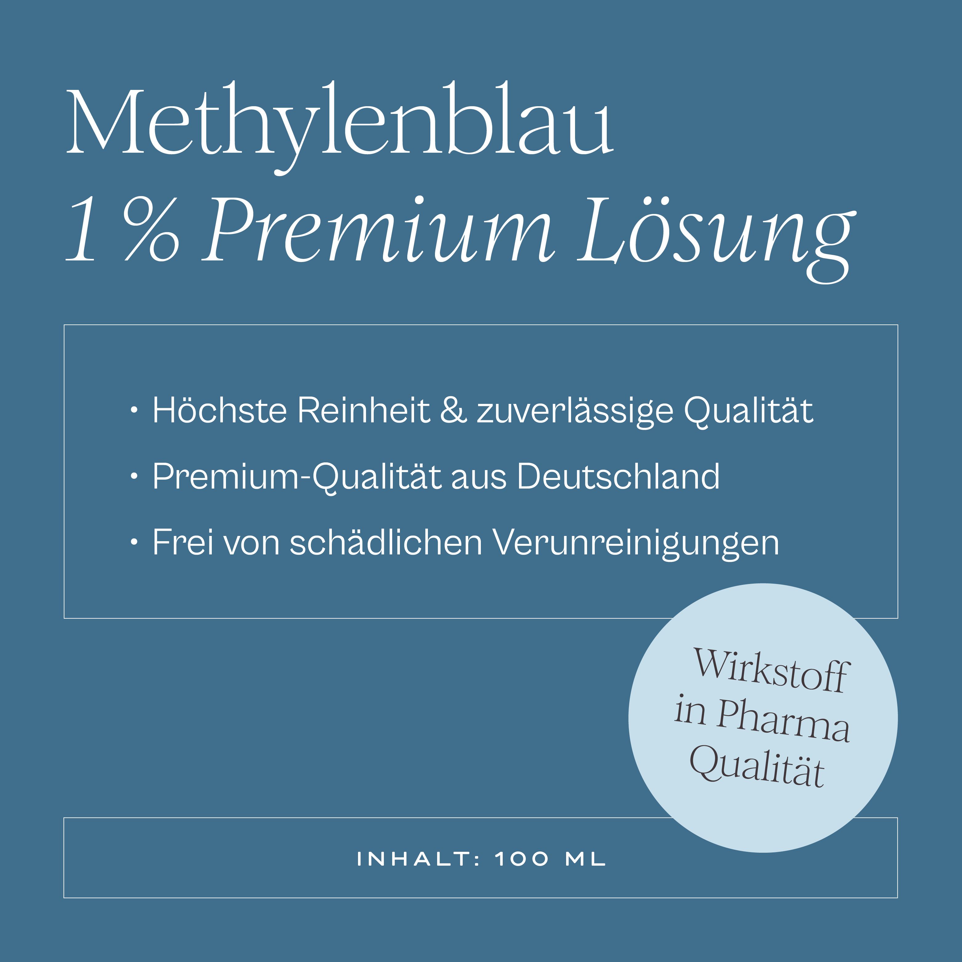 Text auf blauem Hintergrund: Methylenblau 1% Premium Lösung. Höchste Reinheit & Qualität, Premium aus Deutschland.