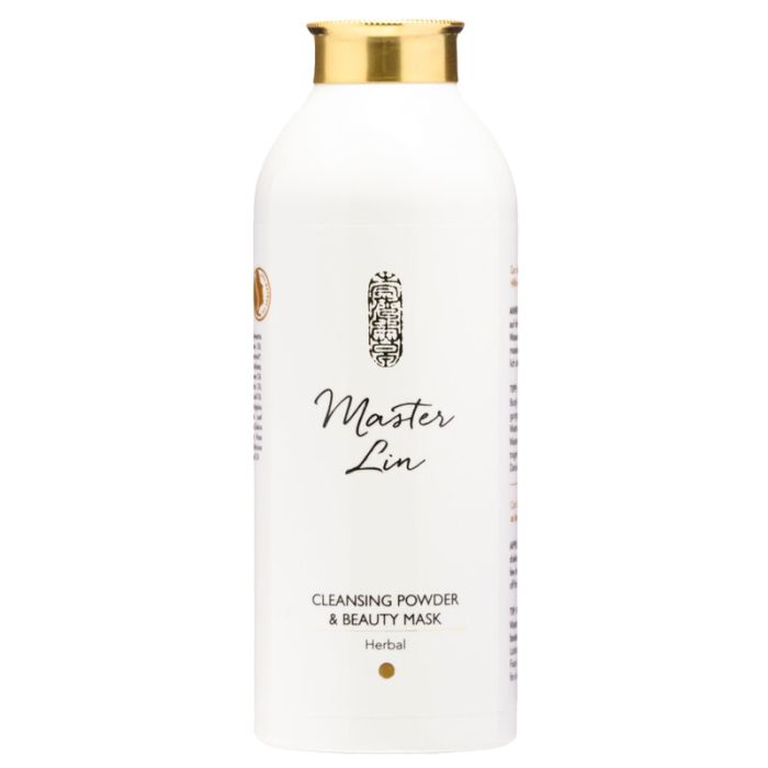 Weiße Flasche mit goldfarbenem Deckel. Aufschrift: Master Lin, Cleansing Powder & Beauty Mask, Herbal.