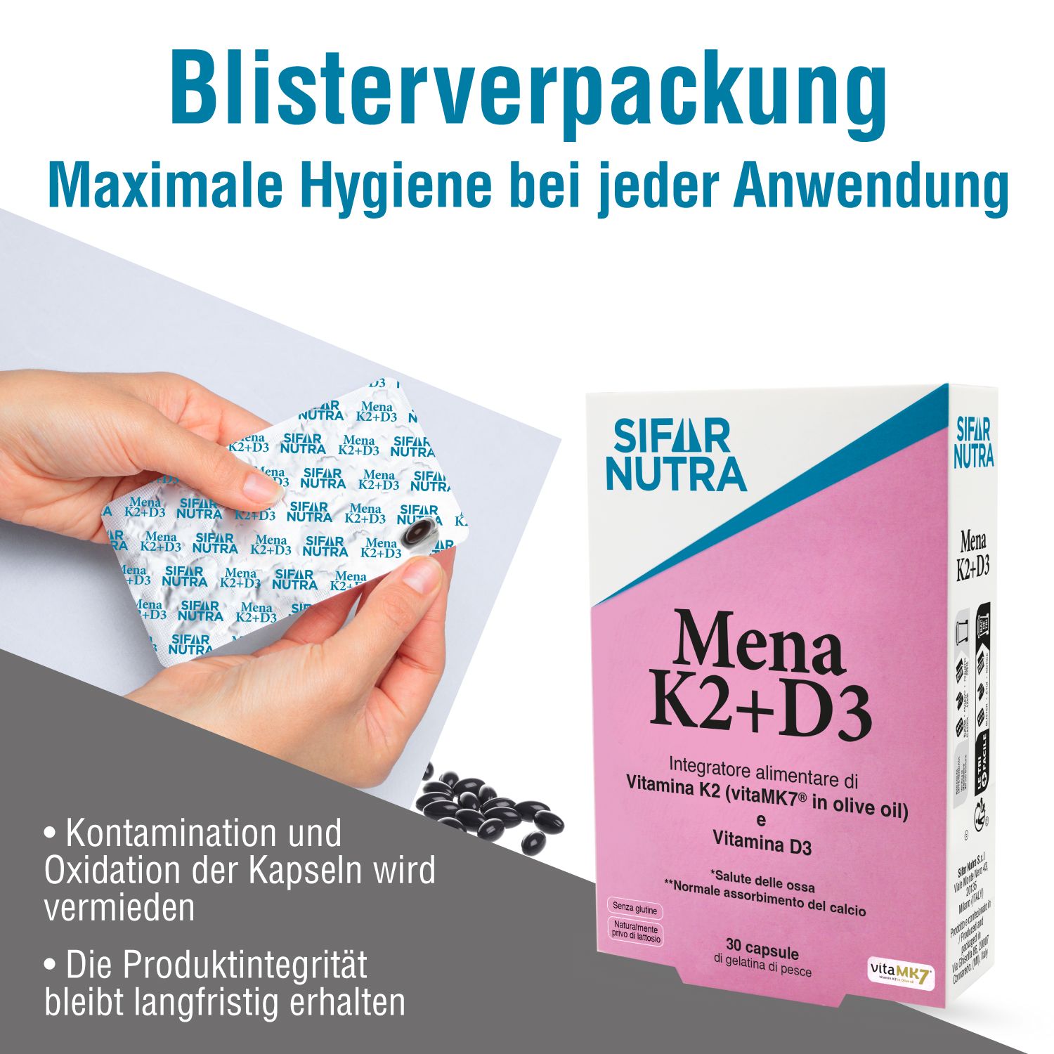 Hände öffnen Blisterpackung. Sifar Nutra Mena K2+D3-Verpackung. Text: Vermeidung von Kontamination.
