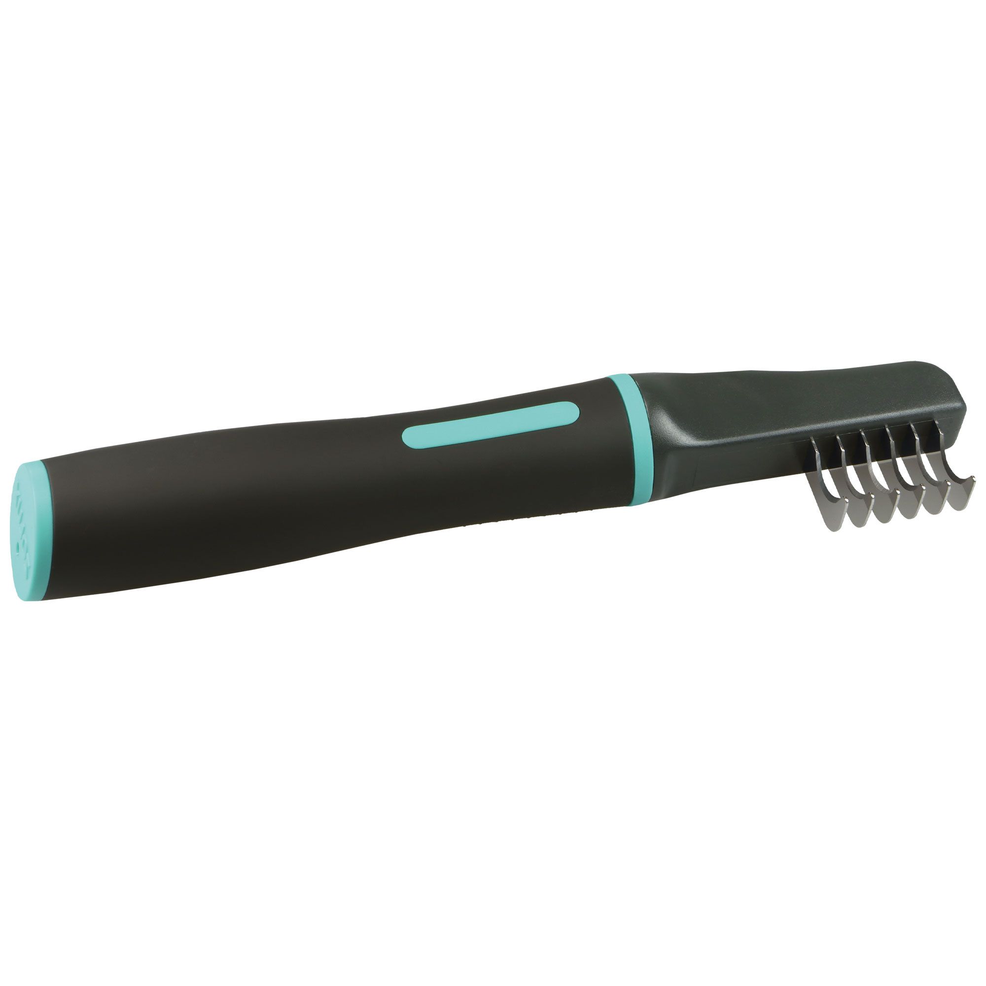 Entfilzermesser mit schwarzem Griff und türkisen Akzenten. Metallklingen. Nahaufnahme.