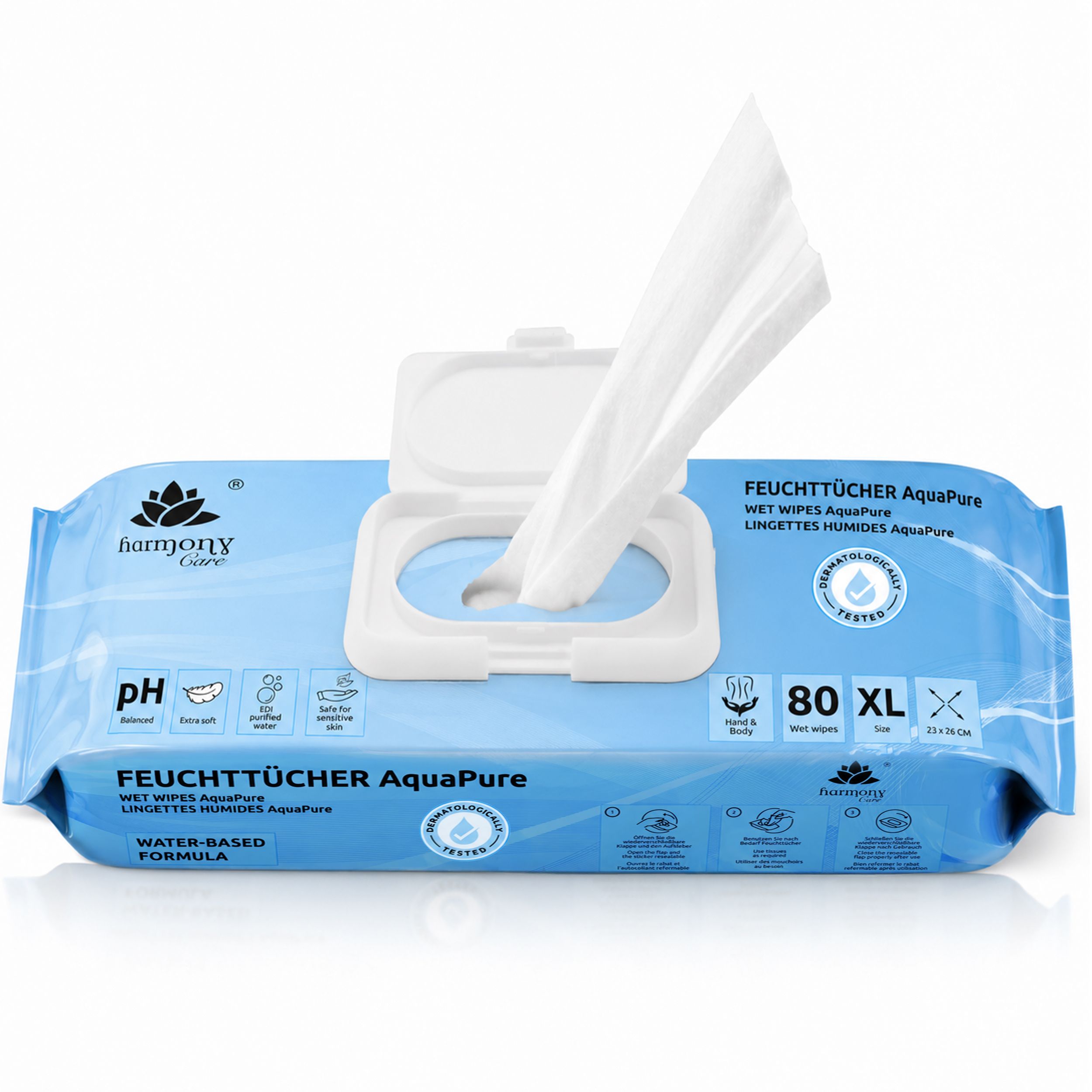Harmony Care Feuchttücher AquaPure, 80 XL Packung mit Klappdeckel.