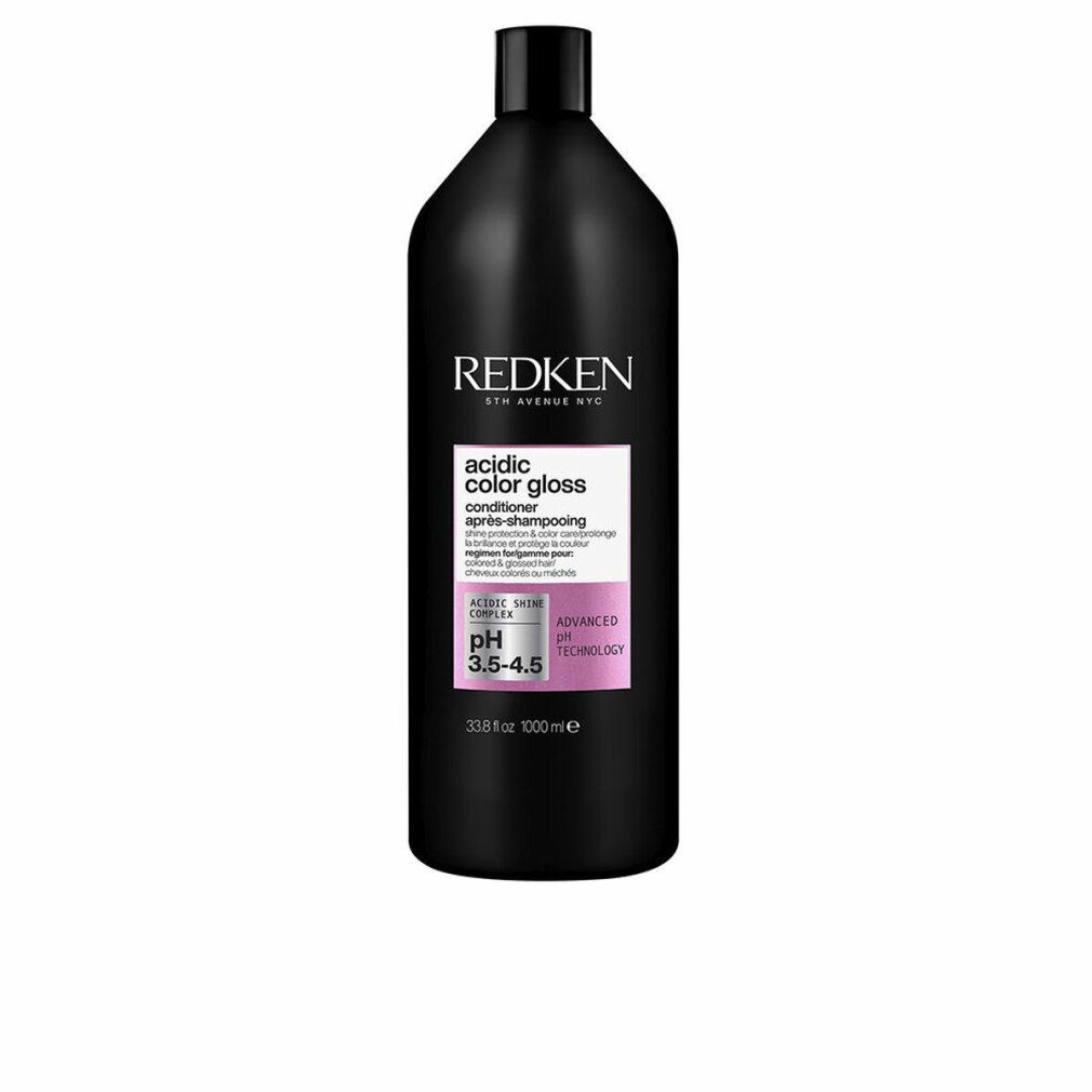 Schwarze Flasche mit Etikett. Aufschrift: Redken, acidic color gloss, Conditioner. pH 3.5-4.5. 1000ml.