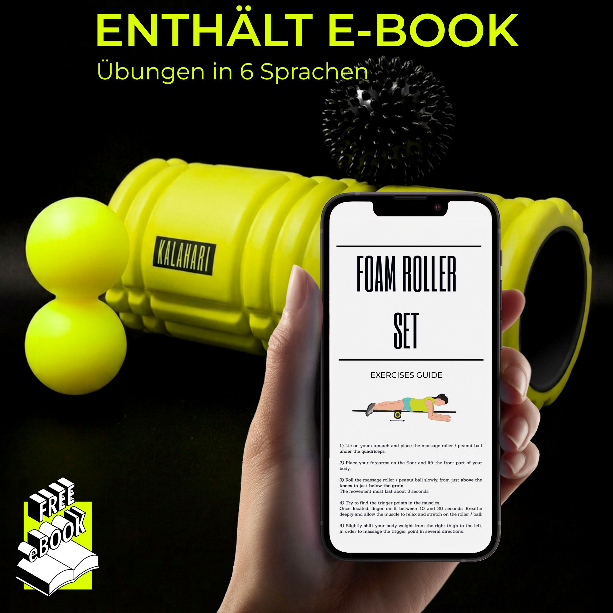 Gelbe Faszienrolle, Duoball, Igelball und Smartphone mit Übungsanleitung.