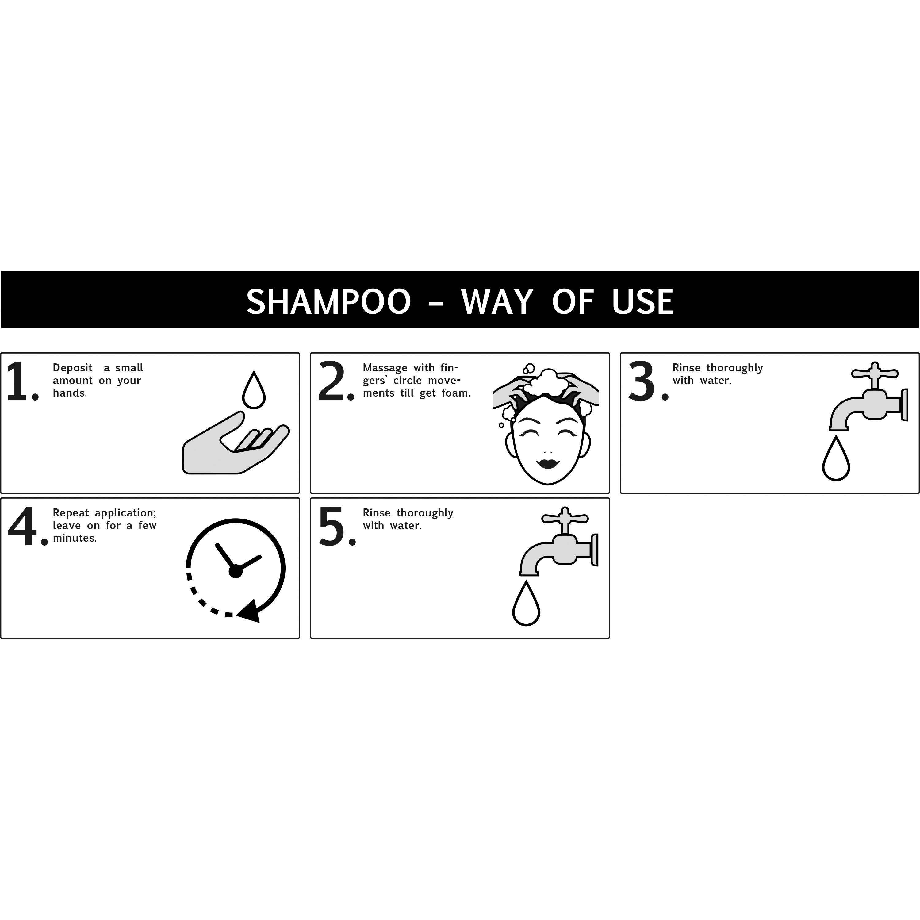 Schwarz-weiß-Illustration: Shampoo-Anwendungsschritte. 1. Auf die Hand geben. 2. Einmassieren. 3. Ausspülen. 4. Wiederholen. 5. Ausspülen.