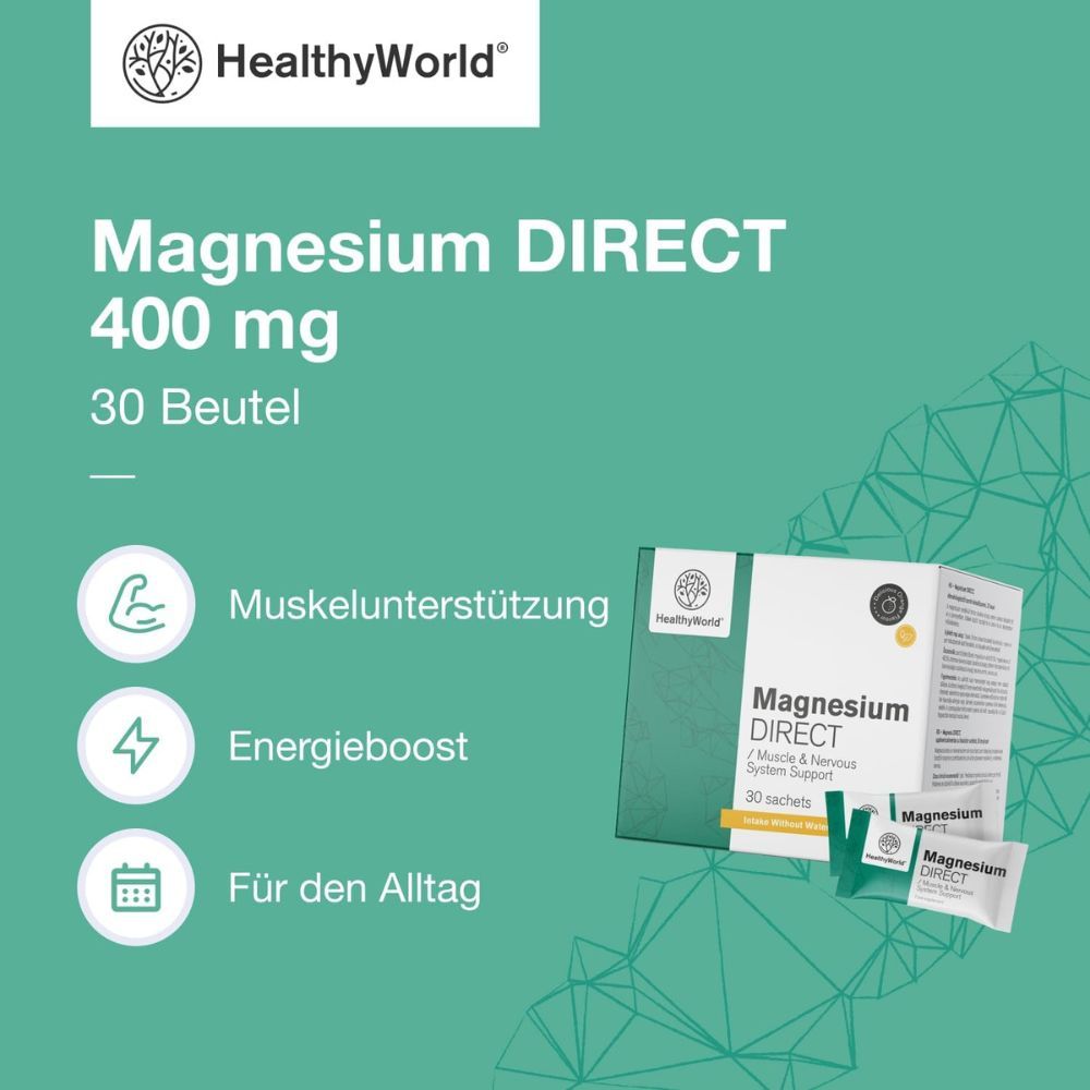 Magnesium DIRECT 400 mg, 30 Beutel. Marke HealthyWorld. Muskelunterstützung.