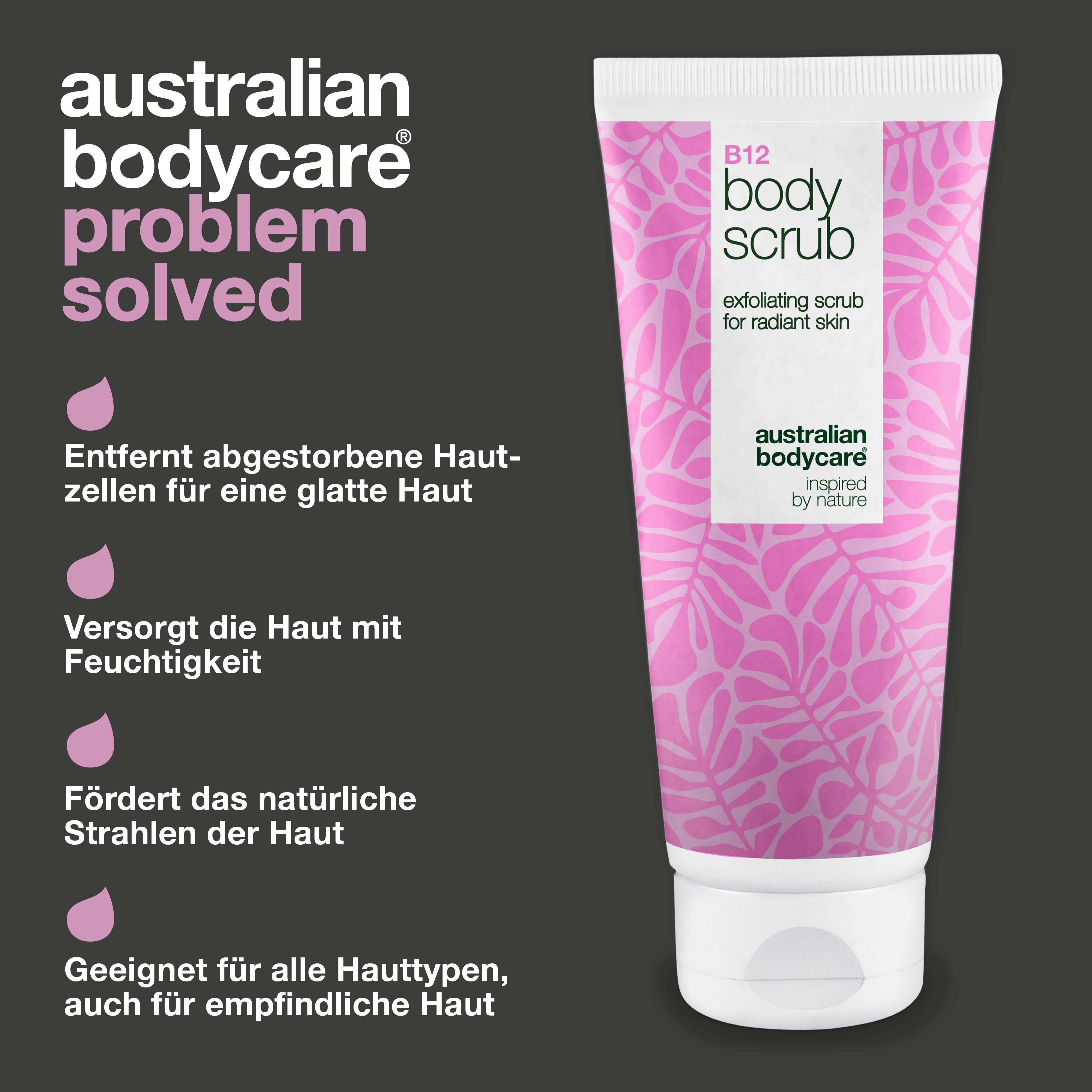 Tube B12 Body Scrub, daneben rosa Tropfen. Text: Entfernt abgestorbene Hautzellen, spendet Feuchtigkeit, fördert Glanz. Für alle Hauttypen.
