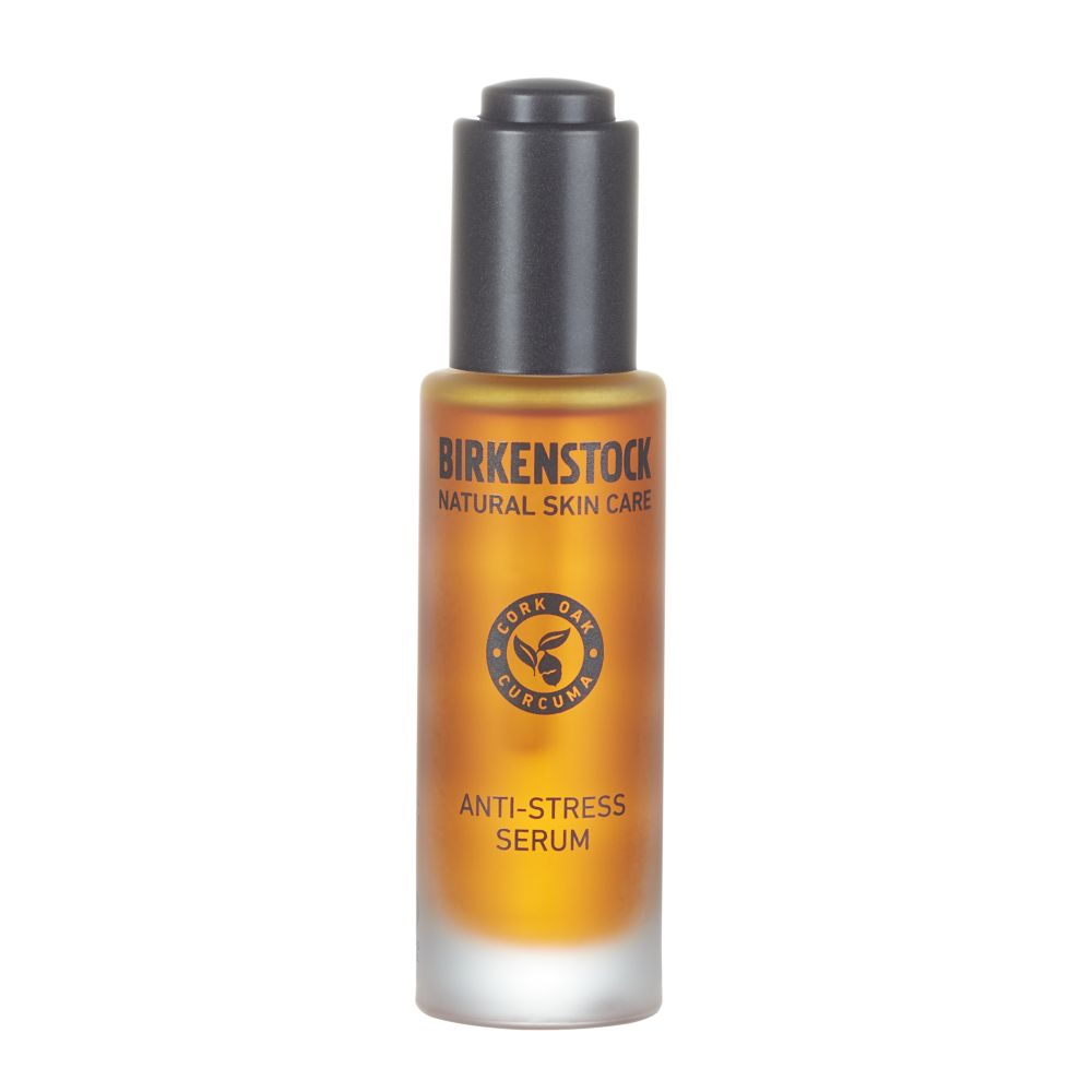 Braune Serumflasche mit schwarzem Deckel. Aufschrift: Birkenstock, Natural Skin Care, Anti-Stress Serum.