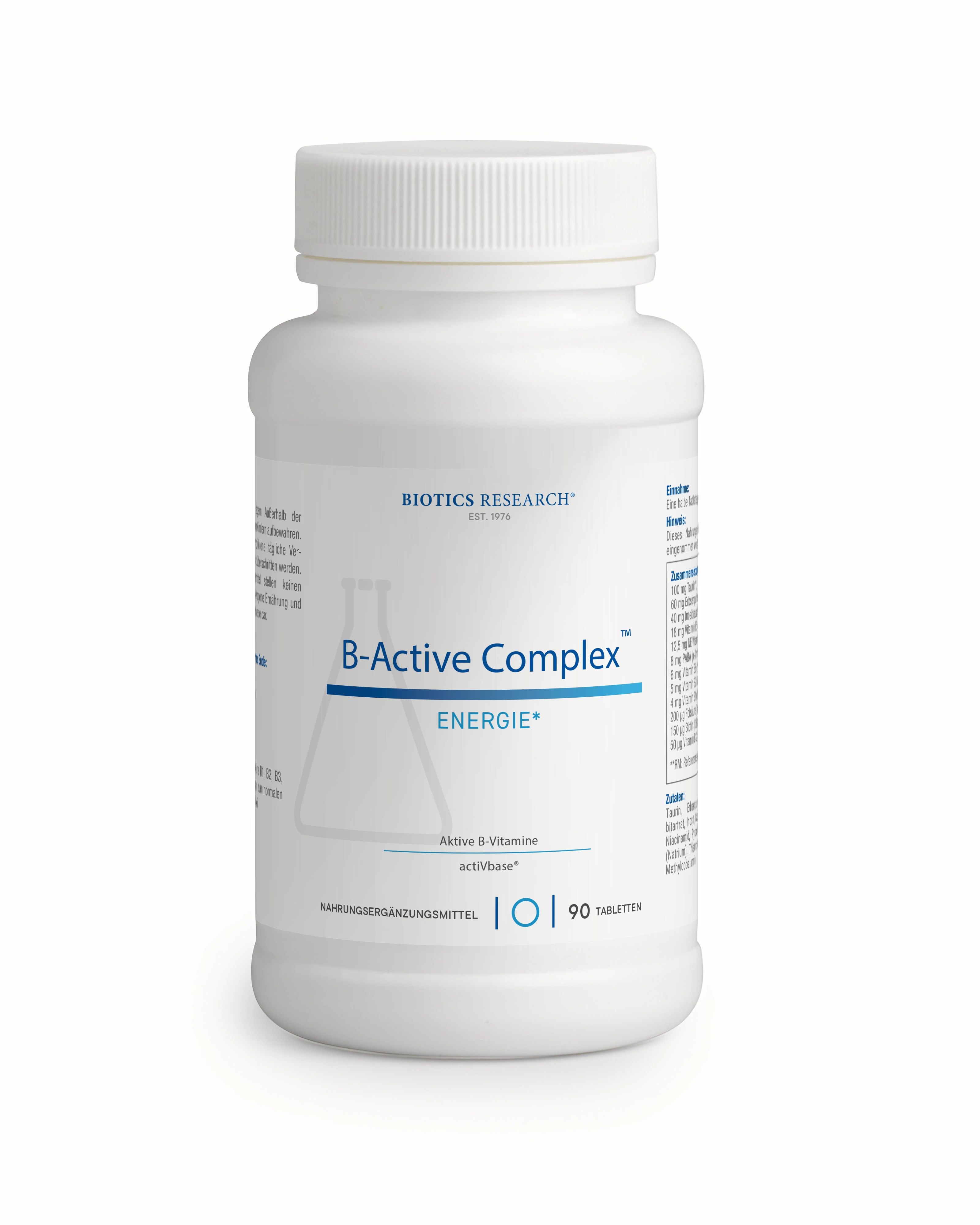 Weiße Flasche mit B-Active Complex. Aufschrift: Energie, 90 Tabletten. Flasche steht aufrecht.