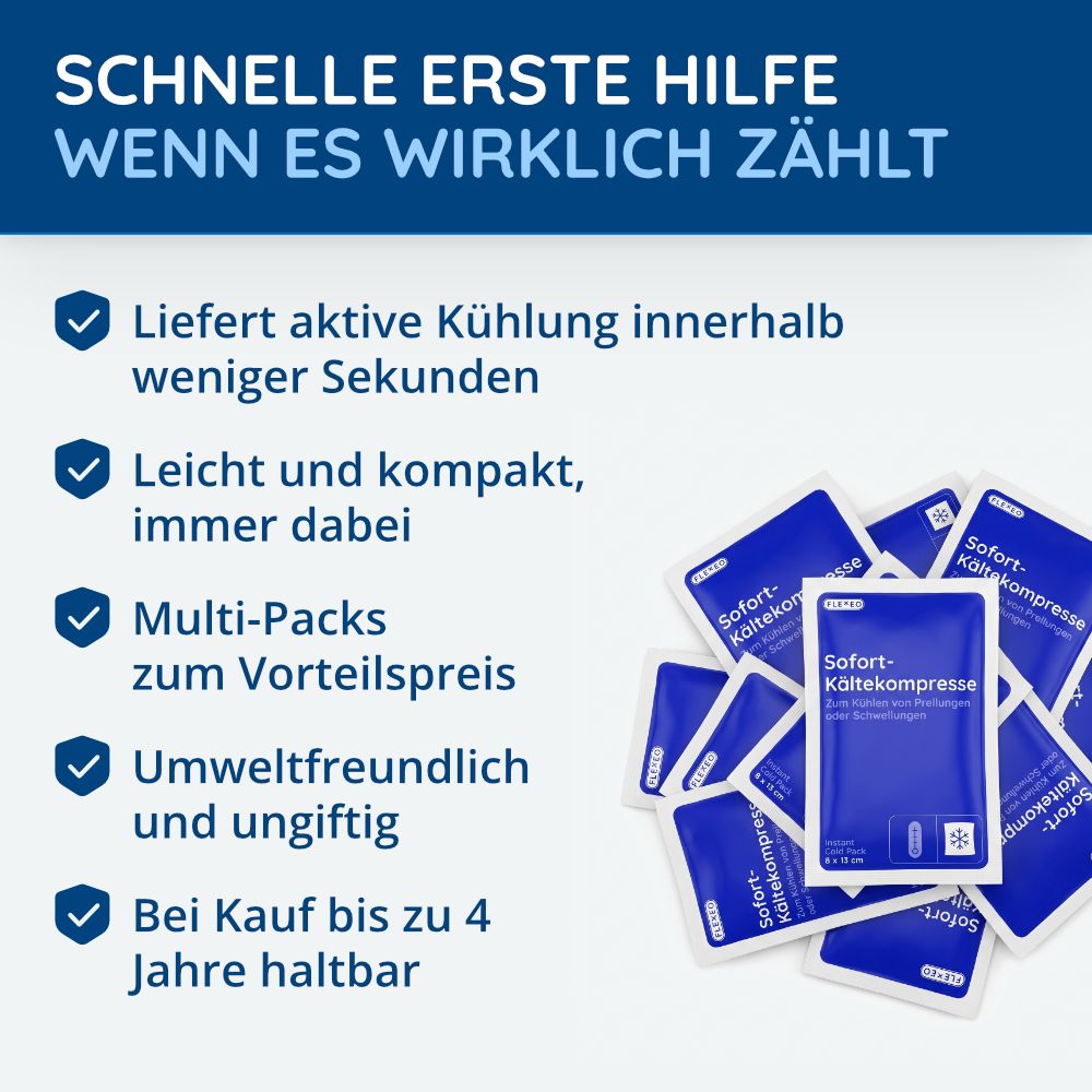 FLEXEO Sofort-Kältekompressen in verschiedenen Packungsgrößen, umgeben von Eis.