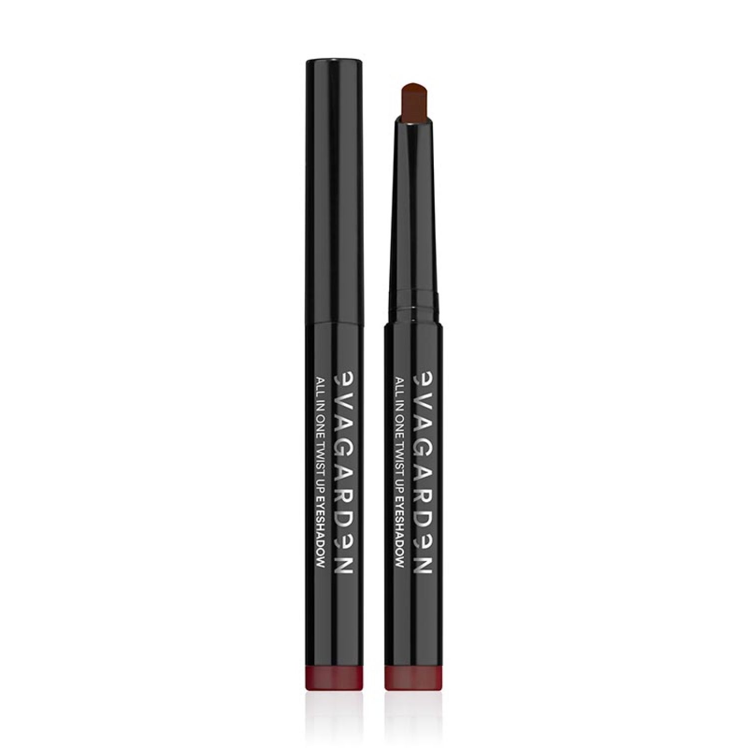 Schwarz-roter Eyeshadow-Stift, geschlossen und offen. Aufschrift: VAGARDEN ALL IN ONE TWIST UP EYESHADOW.