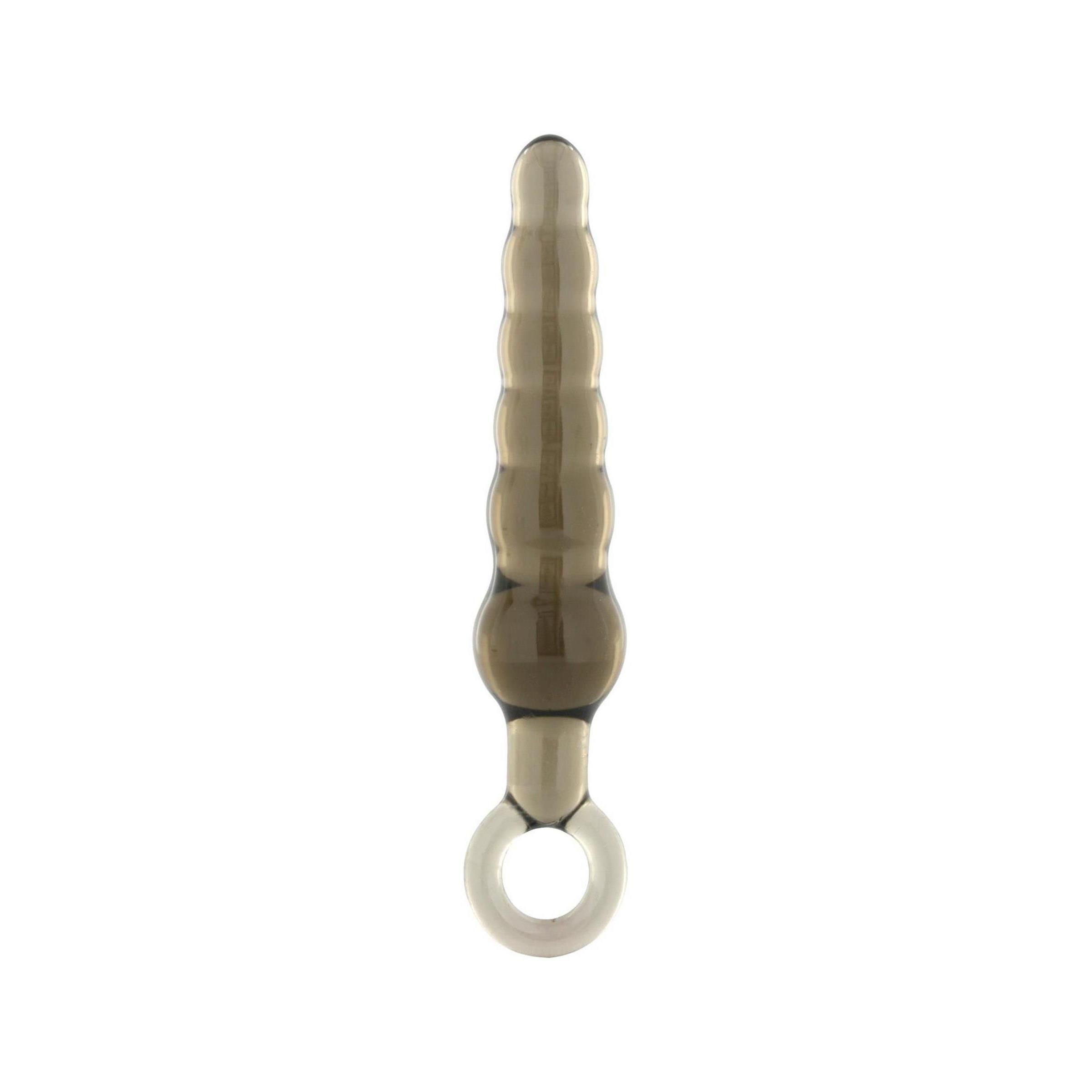 Anal-Stick aus Glas, geriffelt, mit Ring am Ende. Graue Tönung.