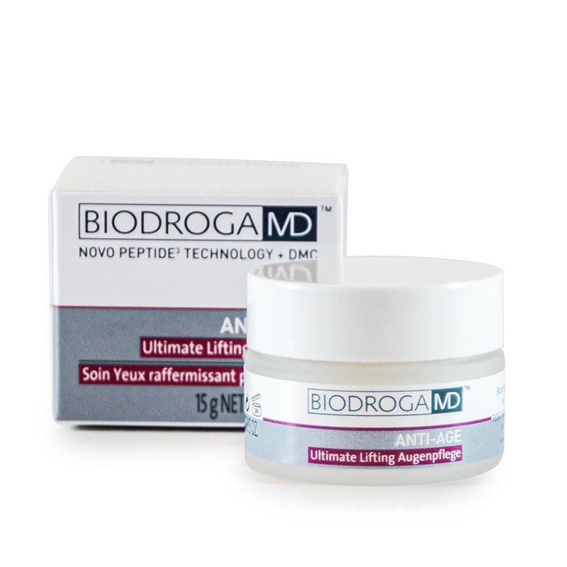 Creme-Tiegel und Schachtel. Aufschrift: BIODROGA MD, Ultimate Lifting Augenpflege, Anti-Age. 15g NET.