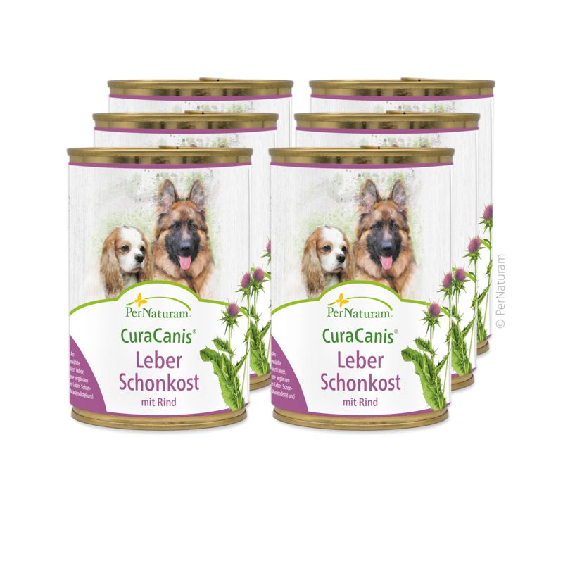 Mehrere Dosen Tiernahrung. Aufschrift: CuraCanis Leber Schonkost mit Rind. Abbildung von Hunden.
