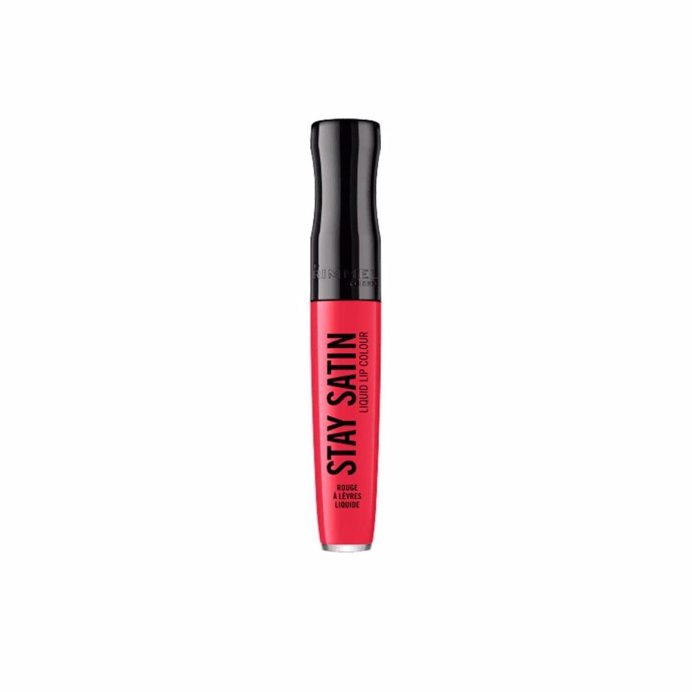 Roter flüssiger Lippenstift. Aufschrift: Stay Satin Liquid Lip Colour. Schwarzer Deckel.