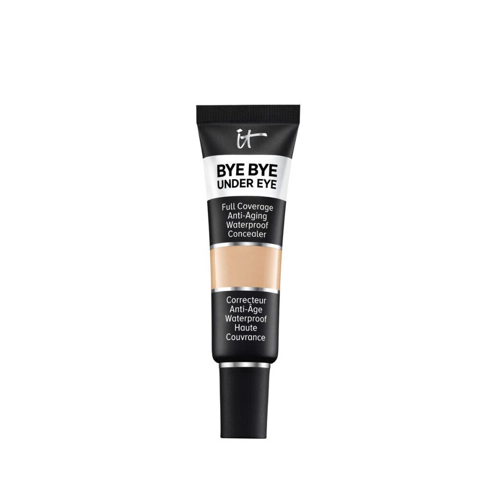 Concealer-Tube mit schwarzem Deckel. Aufschrift: IT, BYE BYE UNDER EYE, Full Coverage Anti-Aging Waterproof Concealer. Farbton: Light Buff.