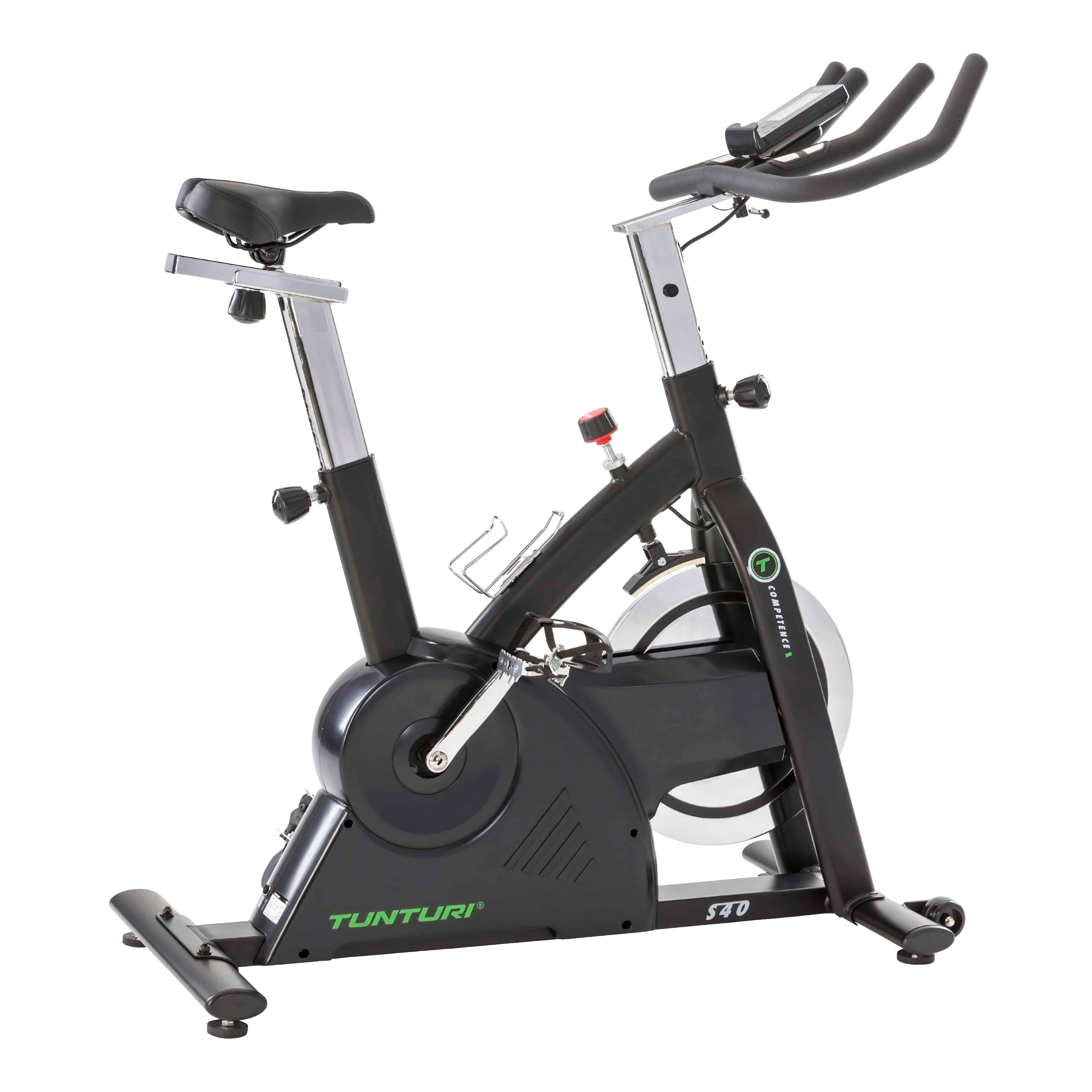 Heimtrainer. Schwarz, silberfarben. Lenker, Sattel, Pedale. Tunturi-Logo. S40-Modellbezeichnung. Flaschenhalter.