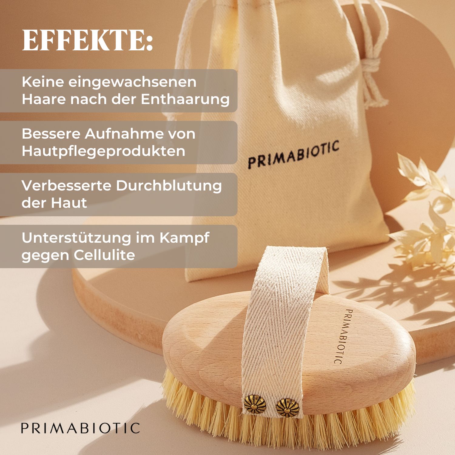 Körpermassagebürste mit Vorteilen: Reduziert eingewachsene Haare, verbessert die Hautpflege, fördert die Durchblutung. Marke: Primabiotic.