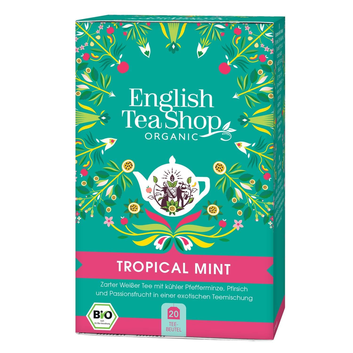 Grüne Teebox mit weißem Logo "English Tea Shop Organic" und Aufschrift "Tropical Mint". Bio-Siegel. 20 Teebeutel.