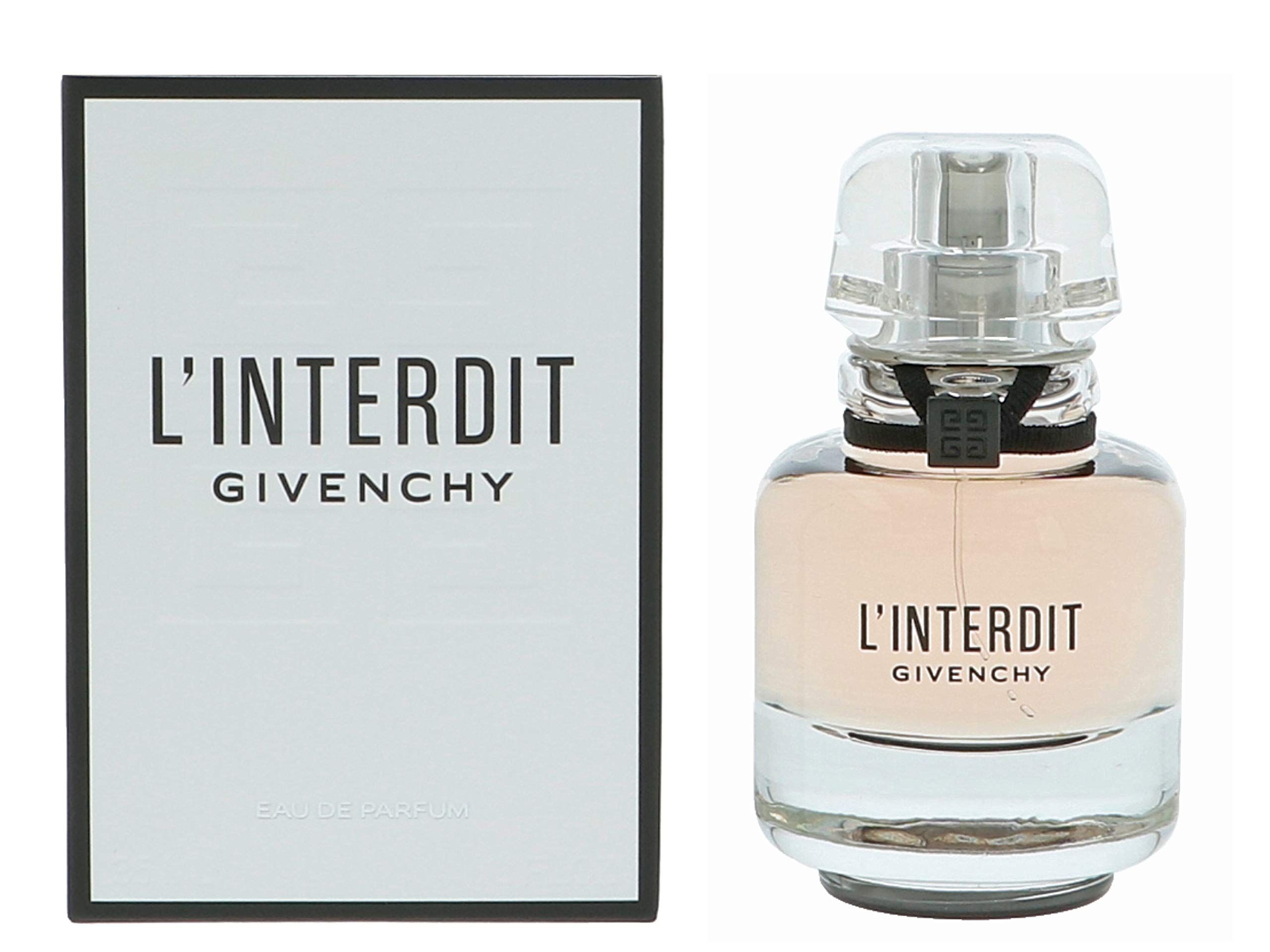 Weißer Karton mit schwarzem Rahmen und Flakon. Aufschrift "L'INTERDIT GIVENCHY".