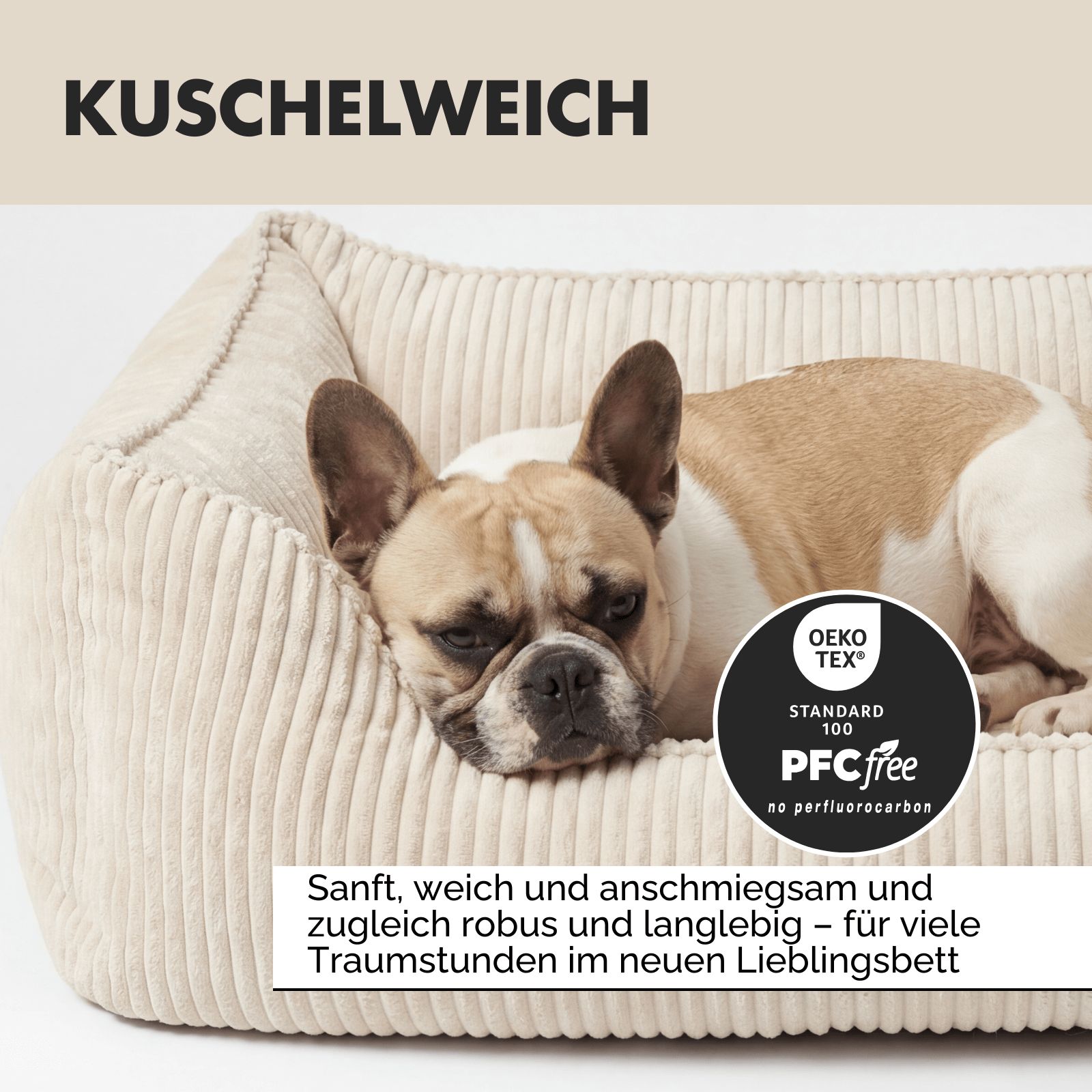 Beiges Hundebett mit Cordstruktur. Kuschelig weich. Hund liegt im Bett. Text: Oeko-Tex Standard 100.