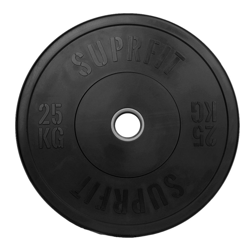 Schwarze Suprfit Econ Bumper Plate. Aufschrift: 25 KG. Runde Form mit Metallkern.