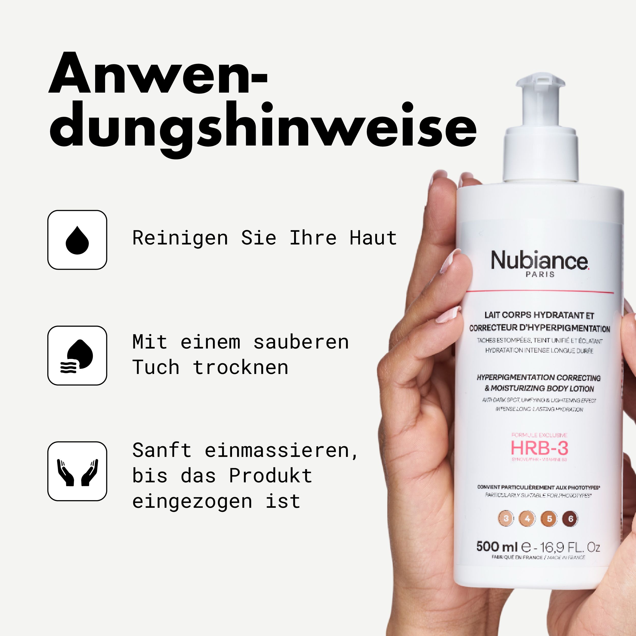 Hände halten eine Flasche mit Pumpe. Text: Nubiance, HRB-3, Lait Corps. Anwendungs-Icons und Text auf Deutsch.
