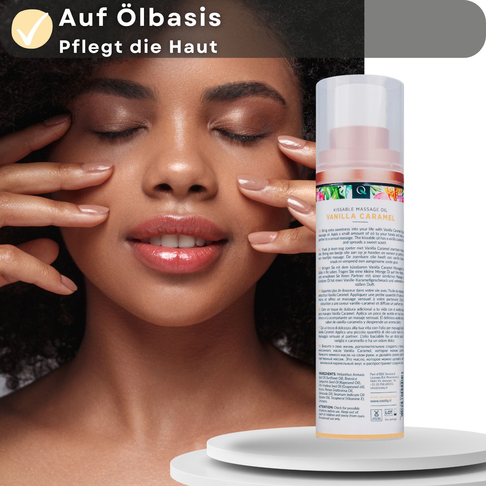 Frau mit geschlossenen Augen. Aufschrift: Auf Ölbasis, pflegt die Haut. Weiße Flasche Massageöl im Hintergrund.