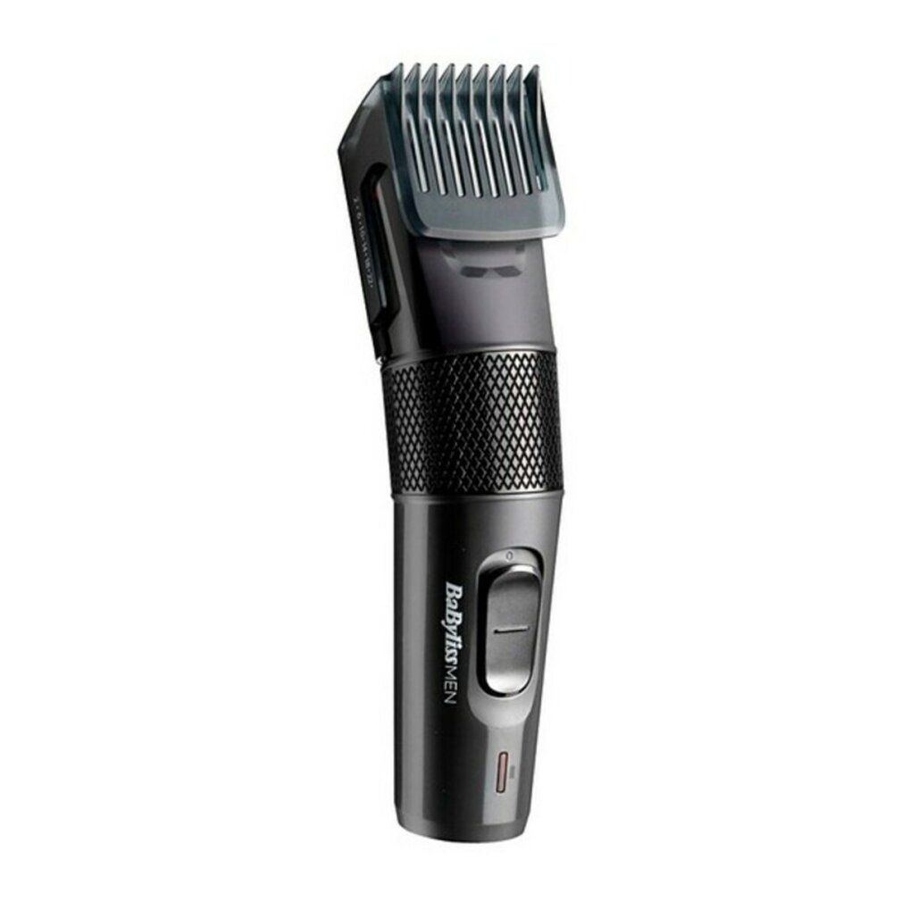 Schwarzer Haarschneider mit Aufsatz. Marke Babyliss MEN. Aufsatz für verschiedene Haarlängen. Ein- und Ausschalter.