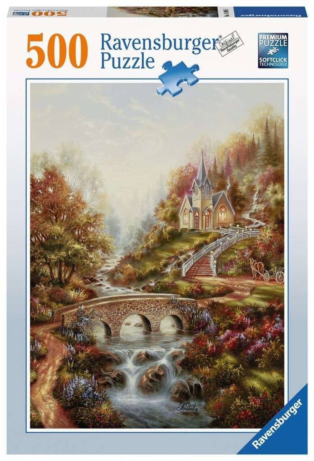 Puzzleschachtel mit Landschaftsmotiv. Aufschrift: Ravensburger, 500 Teile. Premium Puzzle.