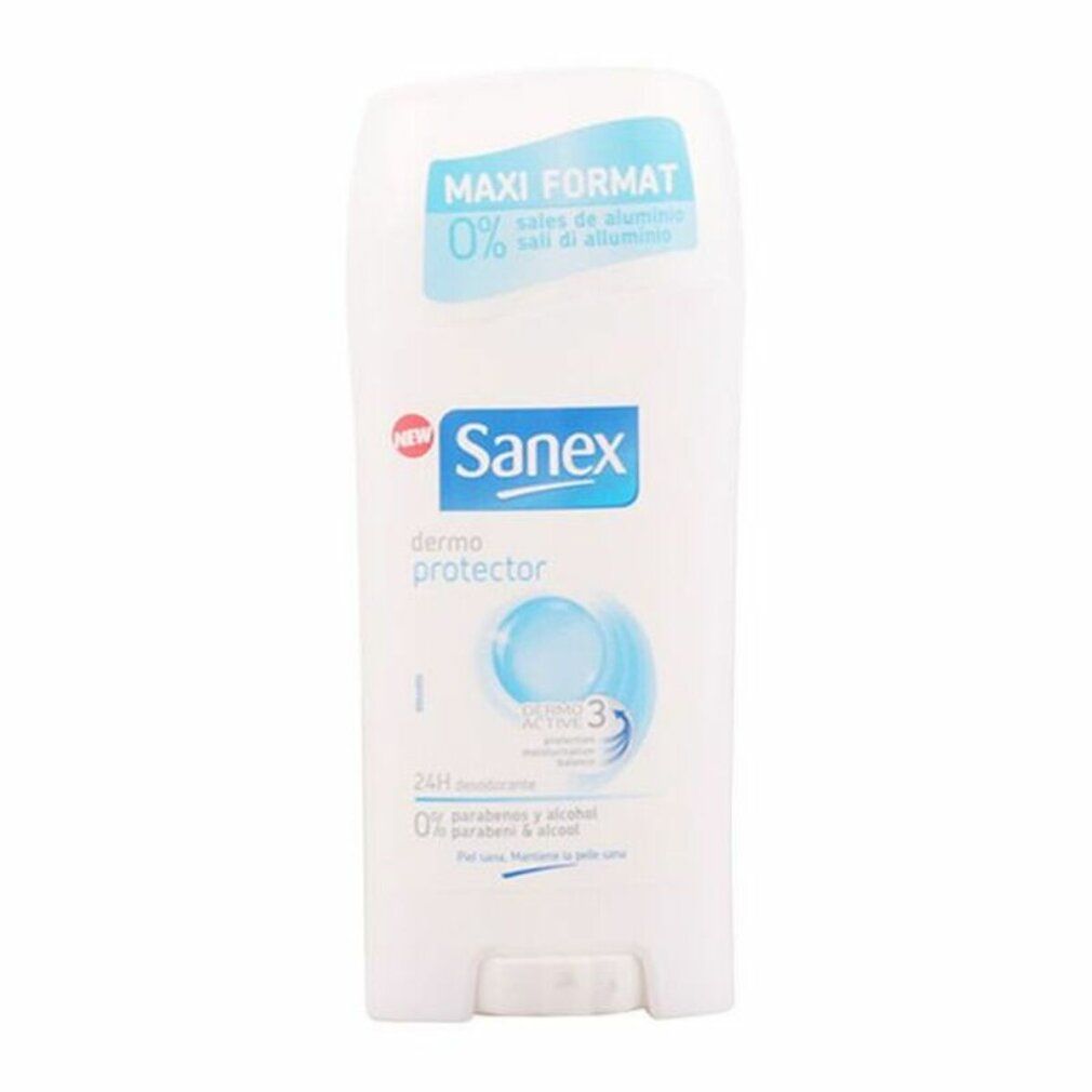 Sanex Dermo Protector Deodorant Stick. Weißer Stick mit blauem Logo und Schriftzug. Maxi-Format. 0% Aluminiumsalze.